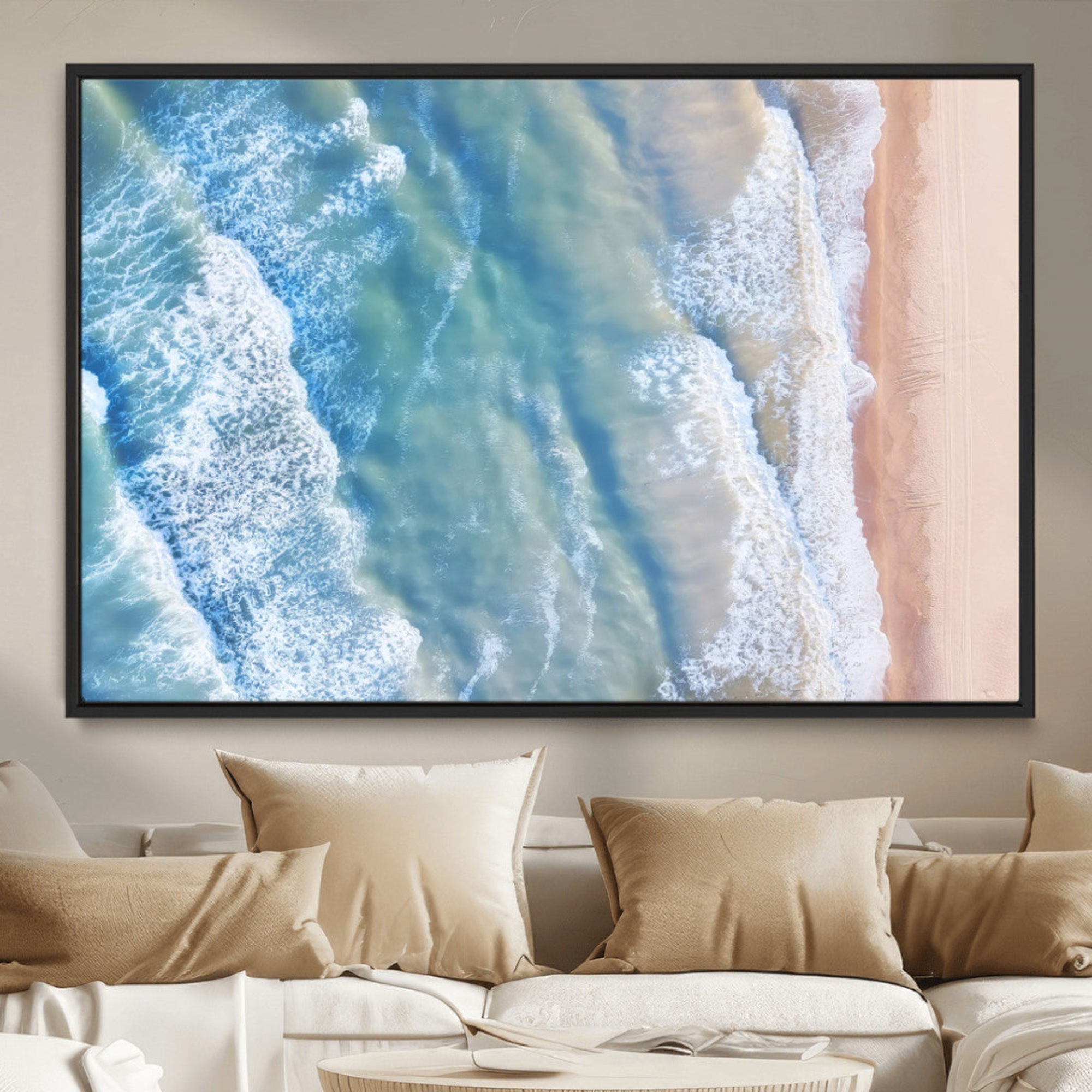 17641845-MGV-CV-36X24-Aerial Ocean View Wall Art Canvas Print – Framed Soft Blue Waves Sandy Shoreline Modern Coastal Artwork for Home Office