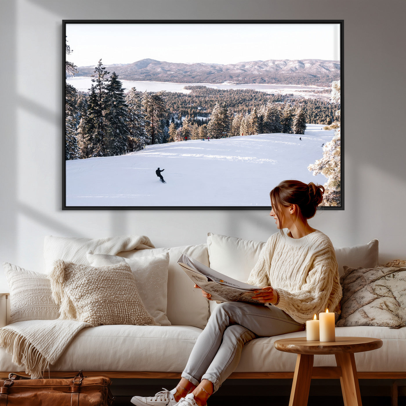 79857868-MGV-CV-36X24 - Snowboarder Wall Art – Winter Slope Canvas Print, Pine Forest, Snow-Covered Mountains, Outdoor Adventure for Living Room or Cabin Decor