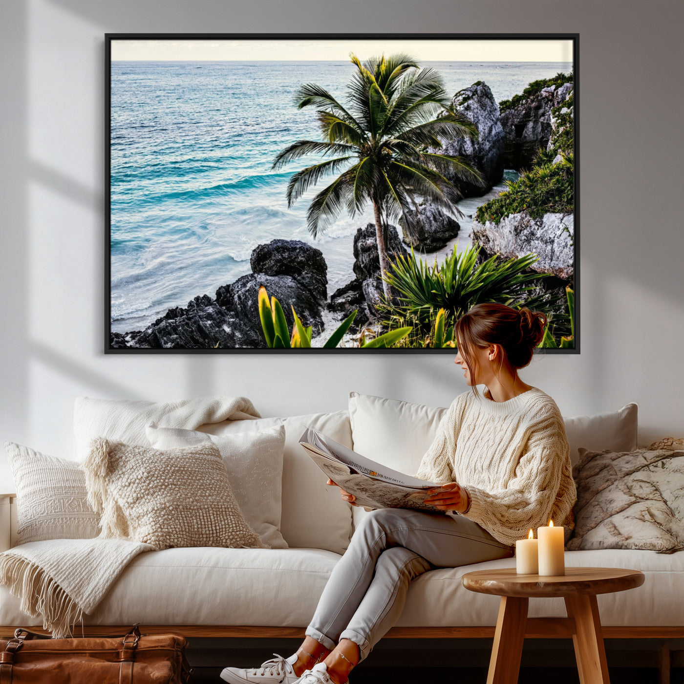 94669907-MGV-CV-36X24 - Tropical Palm Wall Art – Coastal Rocks Canvas Print, Ocean Breeze, Sandy Shore, Vibrant Green Foliage for Living Room or Beach House Decor