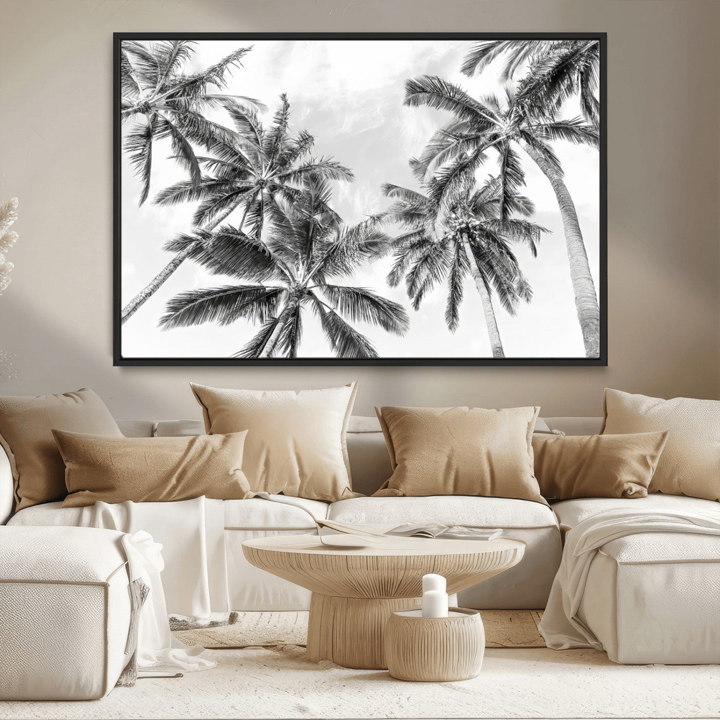 MGV-FC-36X24 - Black White Palm Wall Art Canvas Print, Framed Monochrome Tropics Art Picture Print, Minimalist Beach Perfect Coastal Minimalist Decor Artwork
