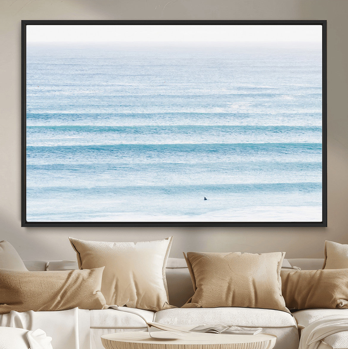 77145995-MGV-CV-36X24-Ocean Wave Surfer Wall Art – Framed Minimal Seascape Canvas Artwork, Calm Blue Water Design, Coastal Decor for Home, Office