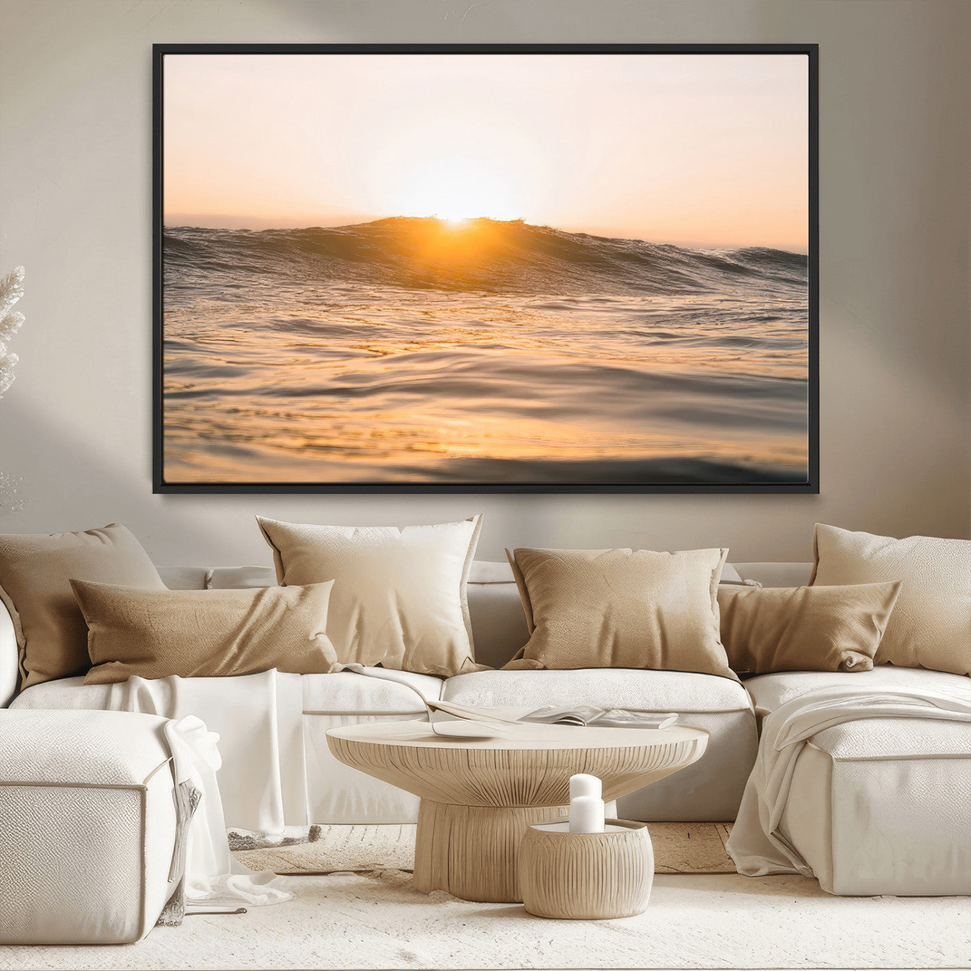 MGV-FC-36X24 - Calm Water Wall Art Canvas Print, Framed Sunset Waves Art Picture Print, Coastal Warmth Perfect Warm Minimalist Decor Artwork