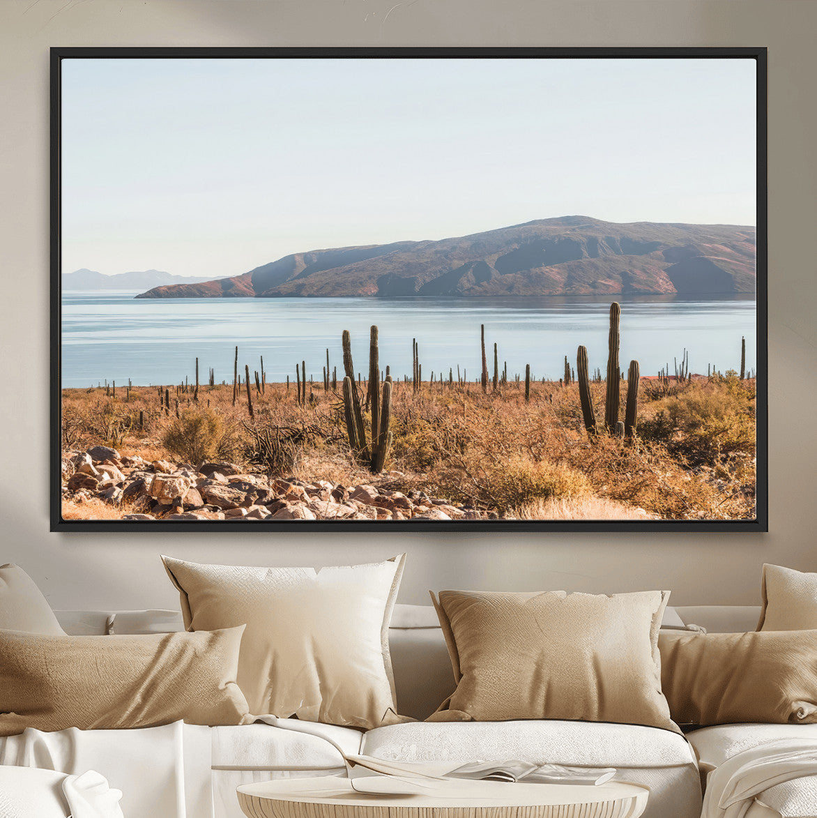 45193515-MGV-CV-36X24-Desert Lake Wall Art – Framed Cactus Mountain Canvas Artwork, Earthy Southwest Design, Rustic Nature Decor for Home, Office