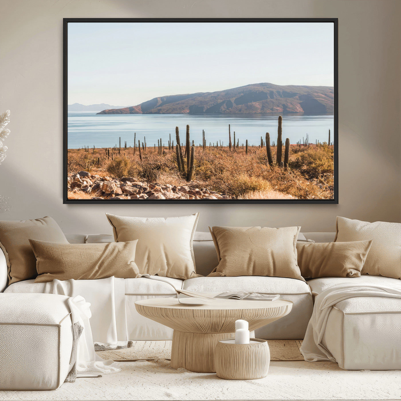 MGV-FC-36X24 - Desert Cactus Wall Art Canvas Print, Framed Baja Coastline Art Picture Print, Coastal Desert Perfect Southwestern Minimalist Decor Artwork