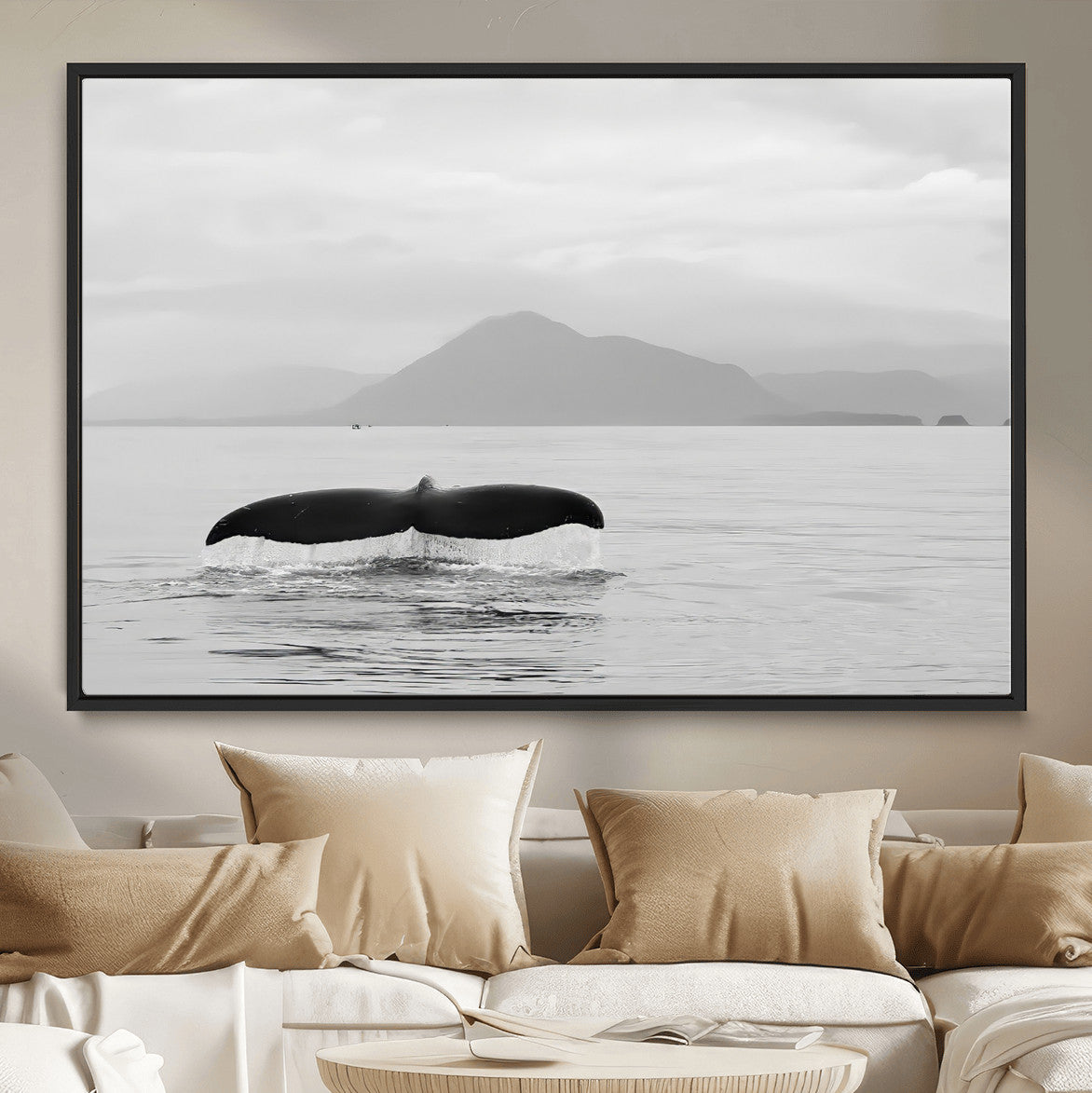 30524220-MGV-CV-36X24-Whale Tail Wall Art – Framed Black White Ocean Canvas Artwork, Serene Sea Design, Minimal Coastal Decor for Home, Office