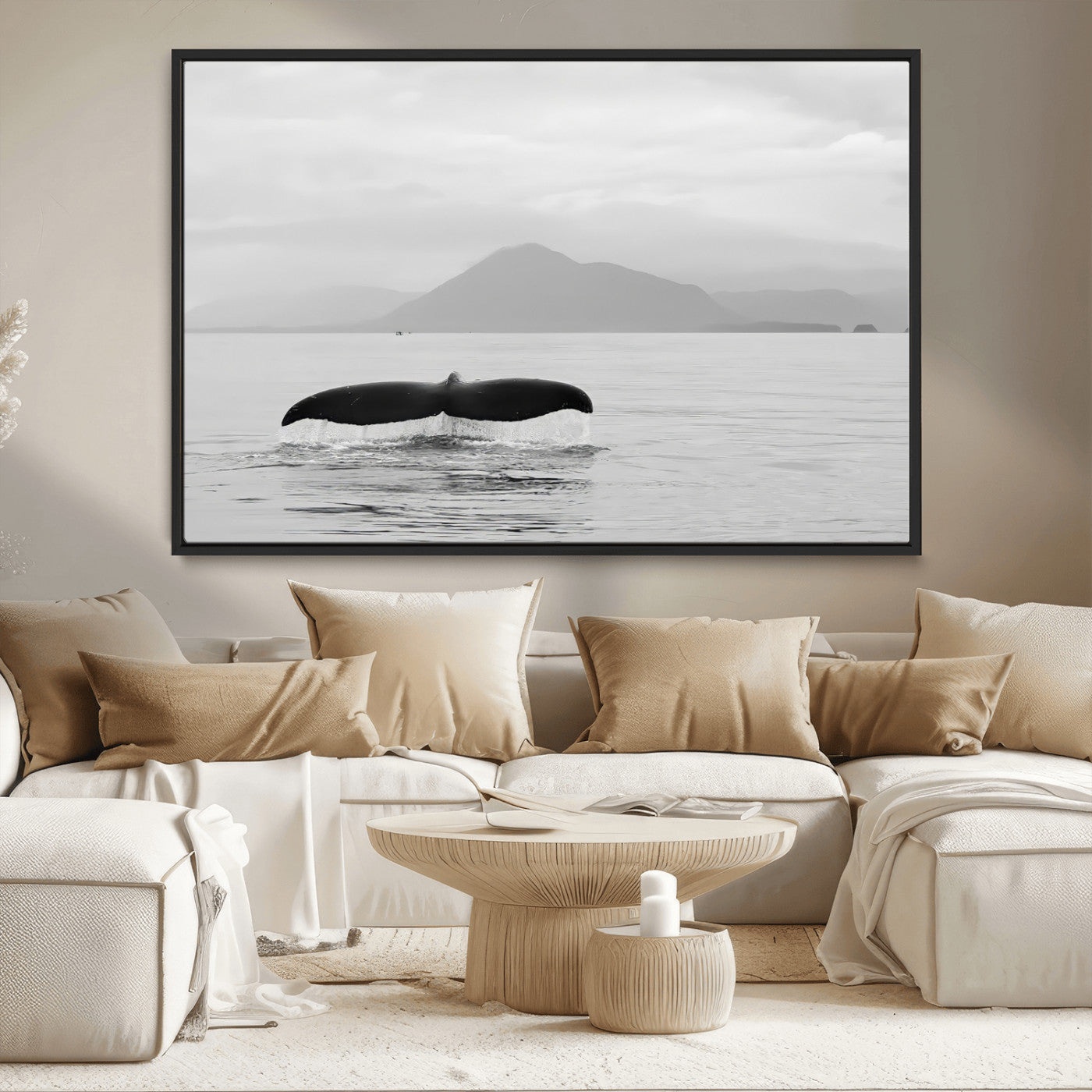 MGV-FC-36X24 - Whale Tail Wall Art Canvas Print, Framed Black White Ocean Art Picture Print, Calm Marine Perfect Minimalist Coastal Decor Artwork