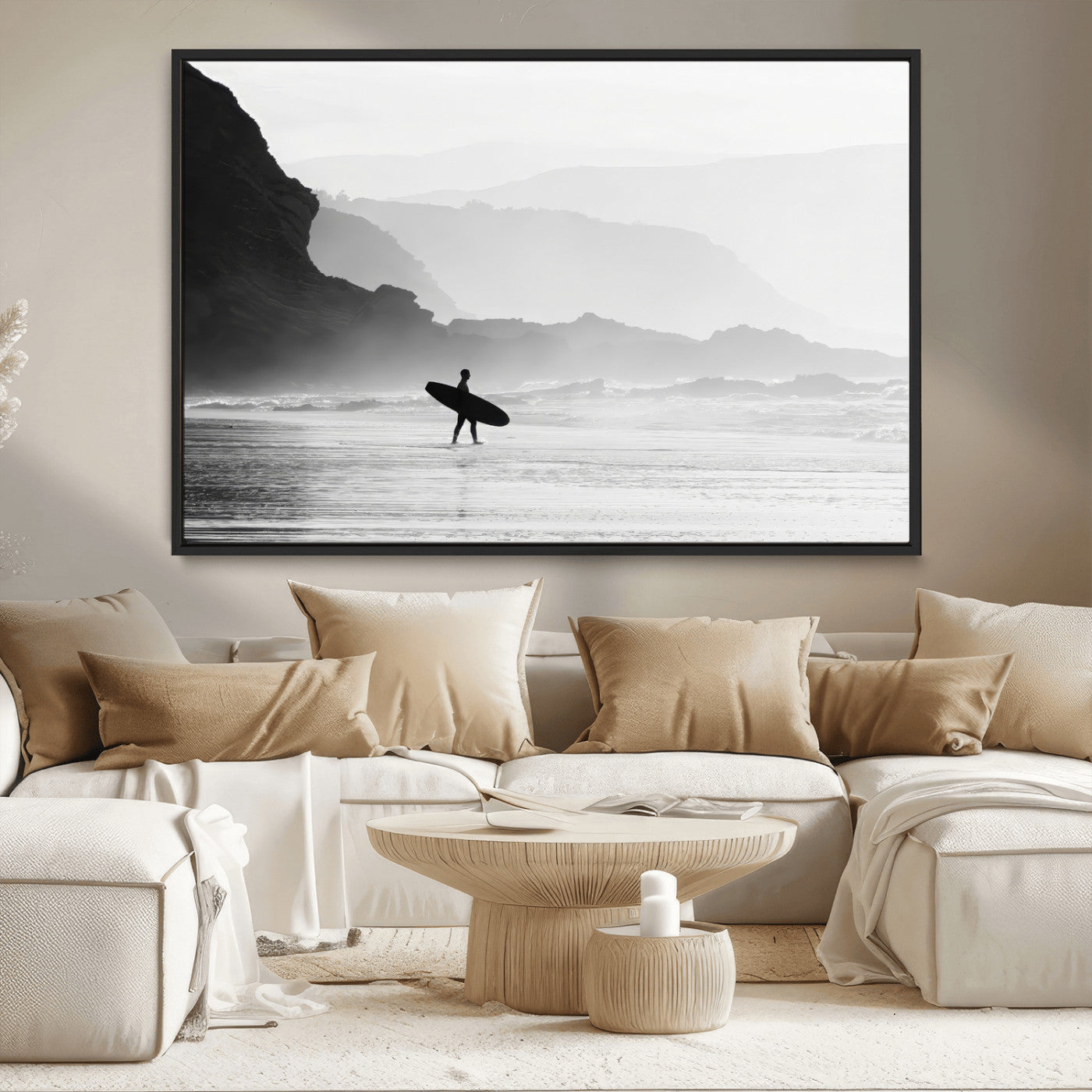 MGV-FC-36X24 - Surfer In Fog Wall Art Canvas Print, Framed Moody Shoreline Art Picture Print, Cliffside Waves Perfect Minimalist Coastal Decor Artwork
