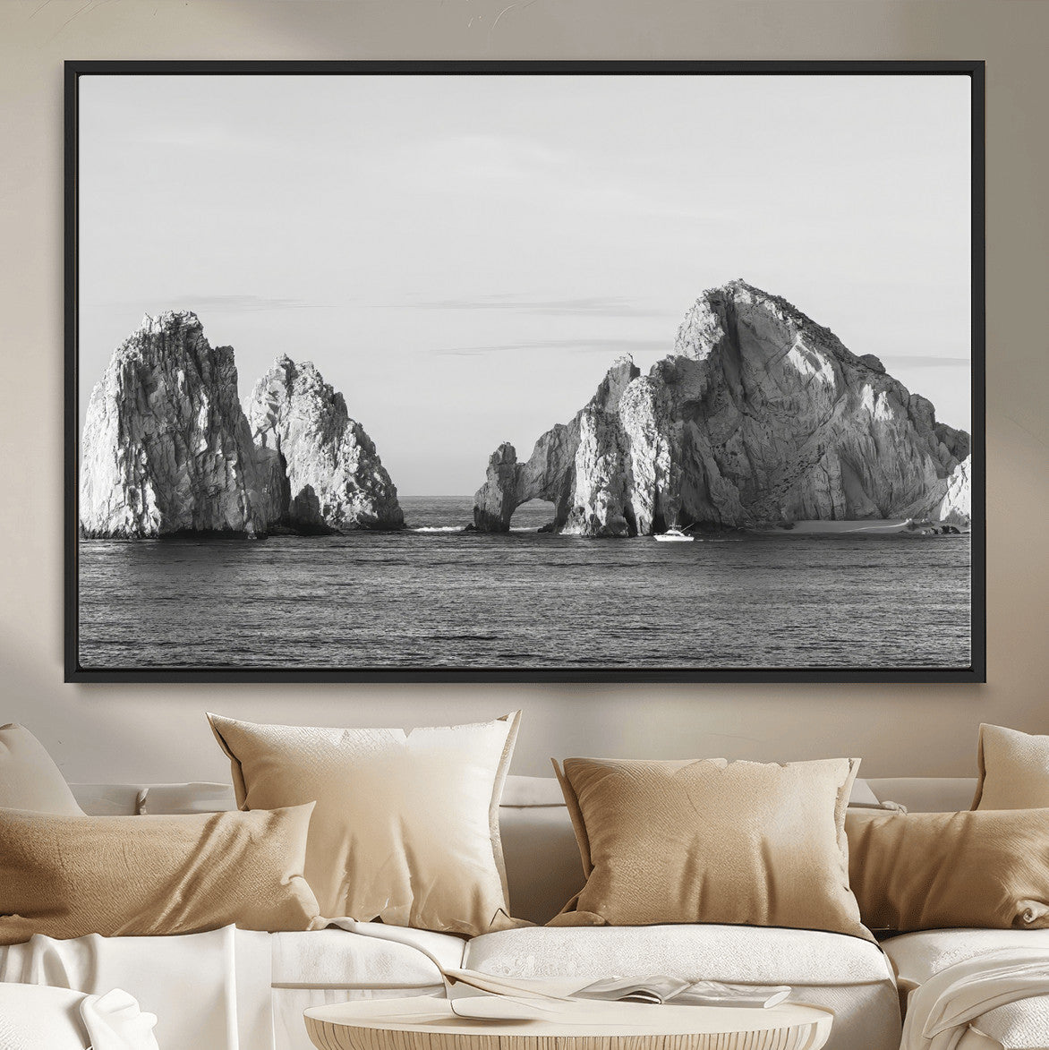 MGV-FC-36X24 - Rugged Coastline Wall Art Canvas Print, Framed Ocean Cliffs Art Picture Print, Monochrome Seascape Perfect Coastal Minimalist Decor Artwork