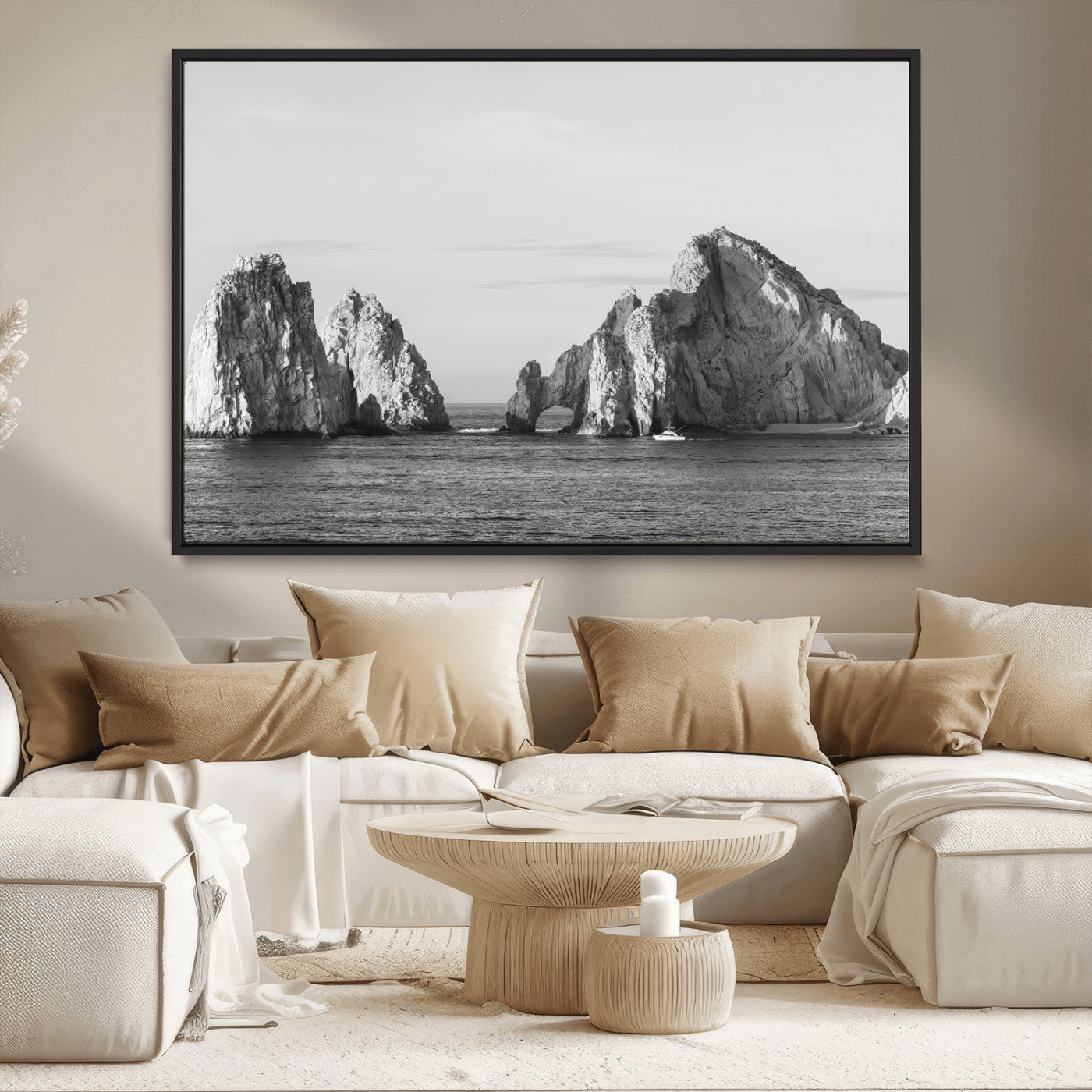 MGV-FC-36X24 - Rugged Coastline Wall Art Canvas Print, Framed Ocean Cliffs Art Picture Print, Monochrome Seascape Perfect Coastal Minimalist Decor Artwork