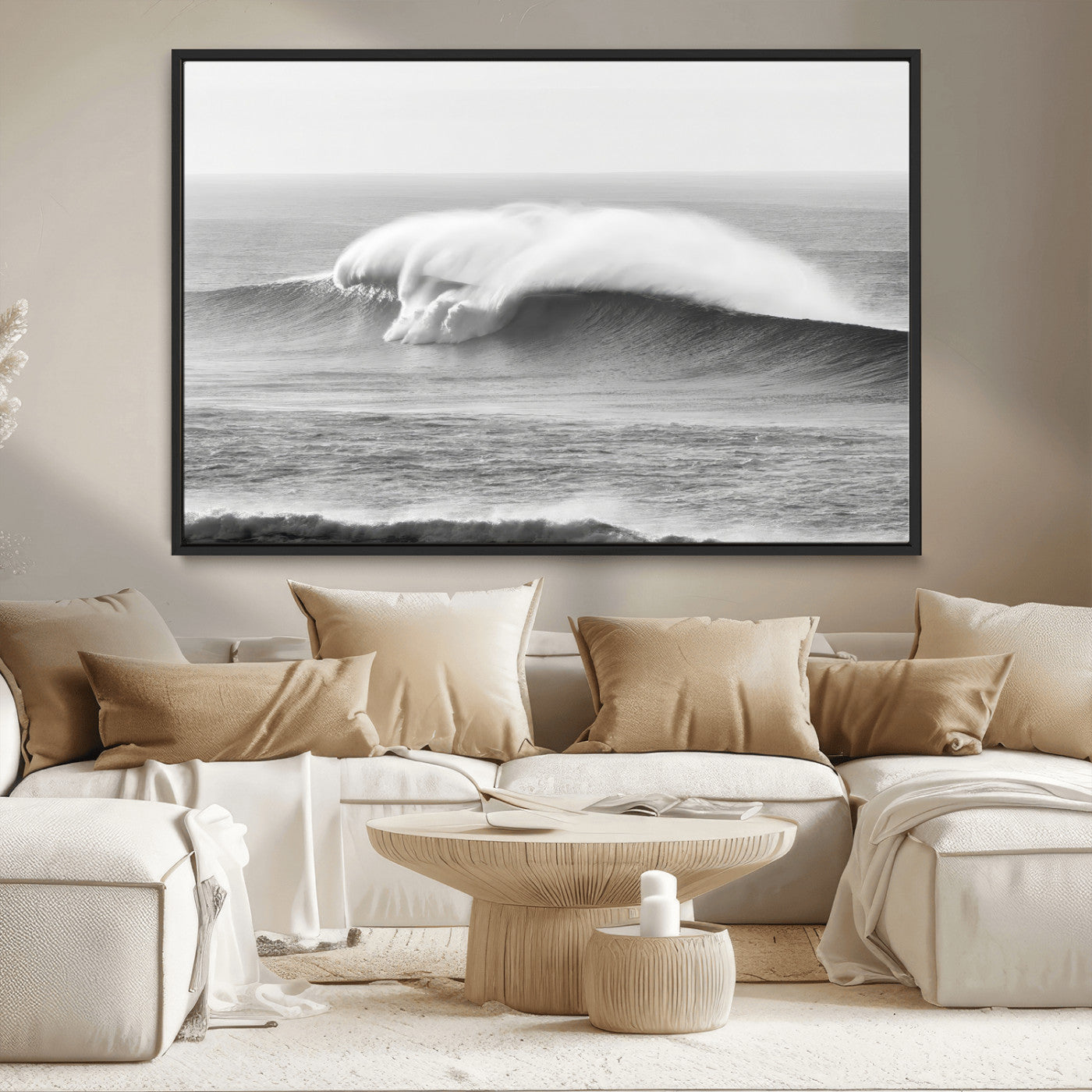 MGV-FC-36X24 - Monochrome Seascape Wall Art Canvas Print, Framed Surf Wave Art Picture Print, Minimalist Ocean Perfect Moody Coastal Decor Artwork