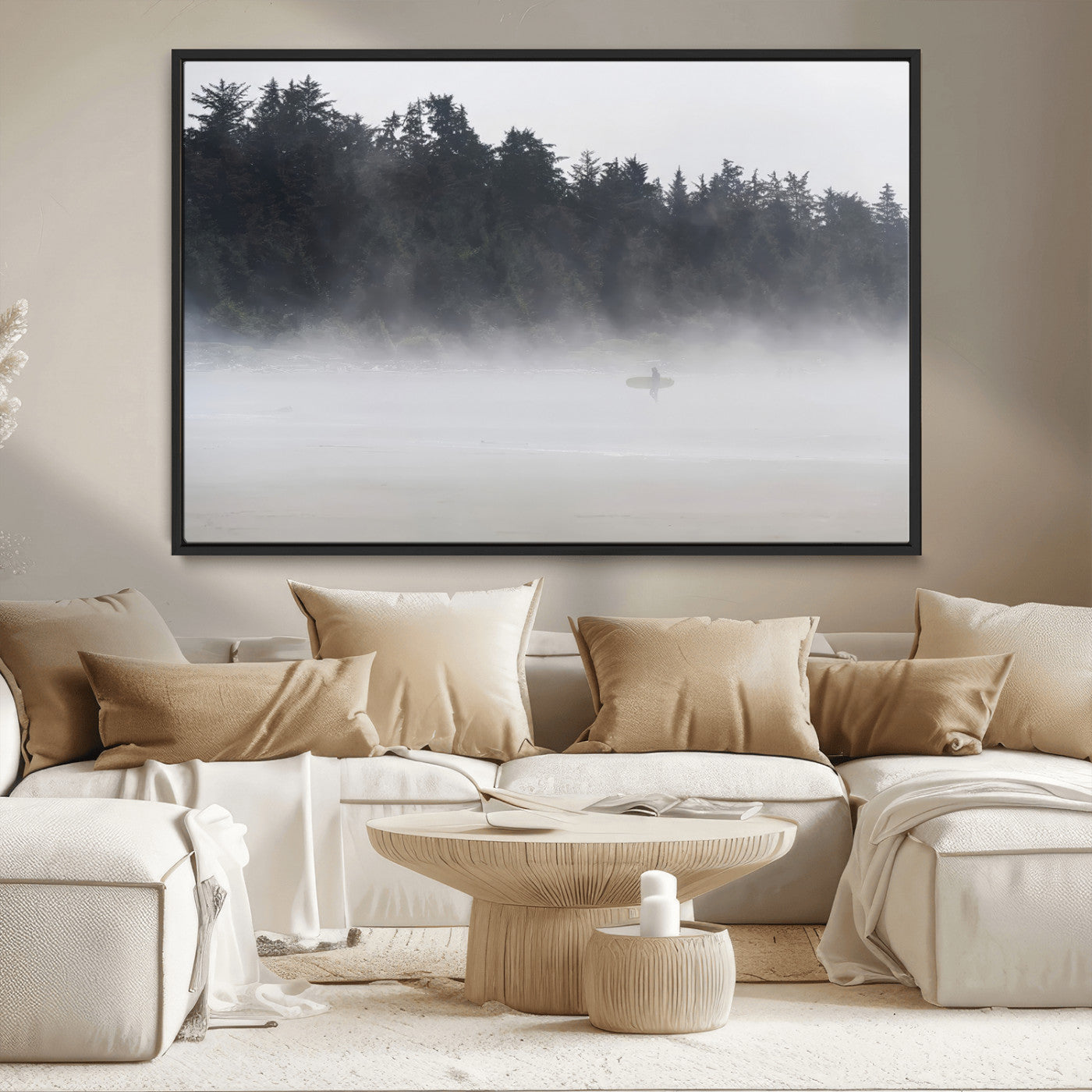 MGV-FC-36X24 - Surfer in Fog Wall Art Canvas Print, Framed Foggy Beach Art Picture Print, Coastal Surf Perfect Moody Coastal Decor Artwork