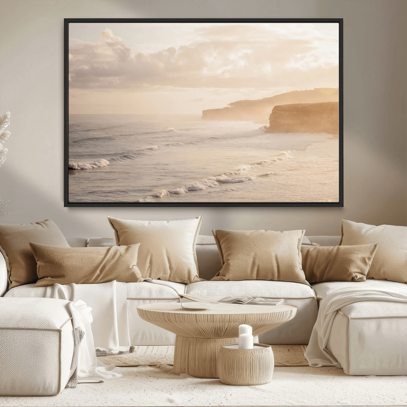 MGV-FC-36X24 - Misty Coastal Wall Art Canvas Print, Framed Golden Sunset Art Picture Print, Serene Shoreline Perfect Tranquil Coastal Decor Artwork