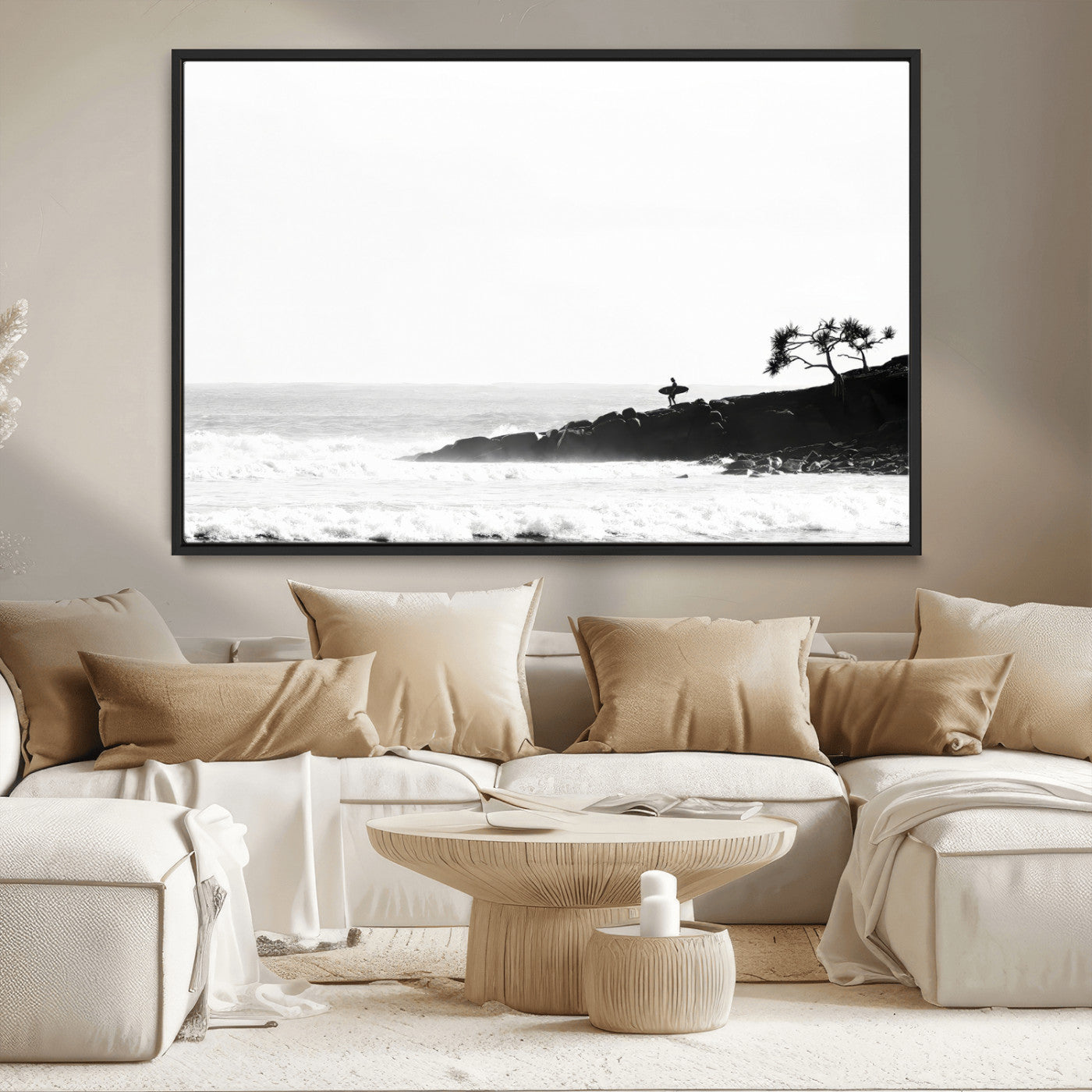 MGV-FC-36X24 - SurferCliffs Wall Art Canvas Print, Framed Black White Beach Art Picture Print, Ocean Waves Perfect Minimalist Coastal Decor Artwork