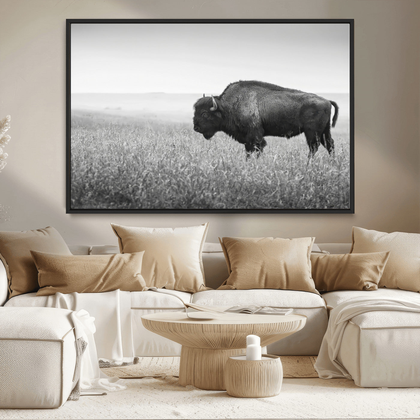 MGV-FC-36X24 - Bison In Prairie Wall Art Canvas Print, Framed Rustic Wildlife Art Picture Print, Wild Buffalo Perfect Rustic Western Decor Artwork
