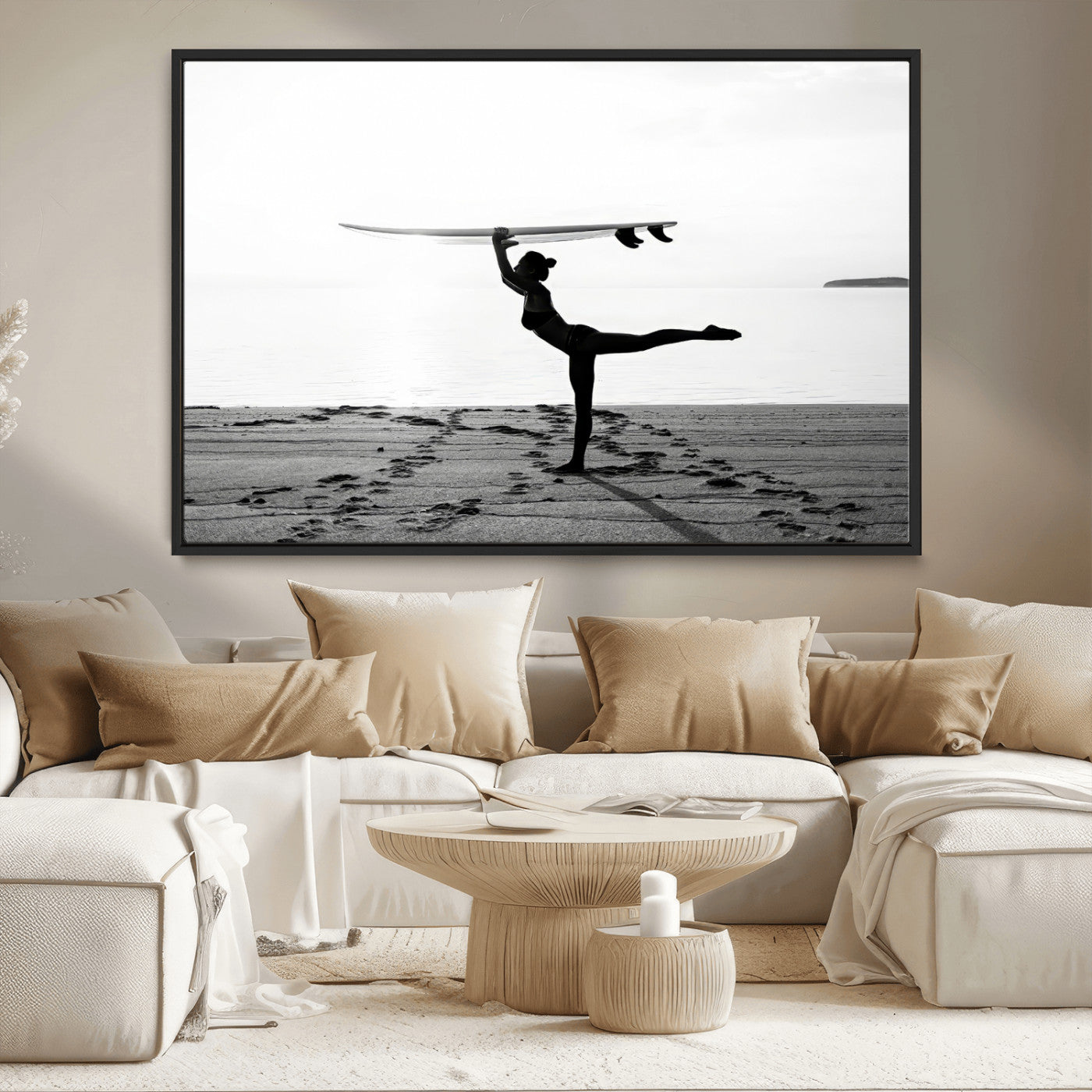 MGV-FC-36X24 - Yoga Surf Wall Art Canvas Print, Framed Black White Shore Art Picture Print, Peaceful Ocean Perfect Minimalist Coastal Decor Artwork