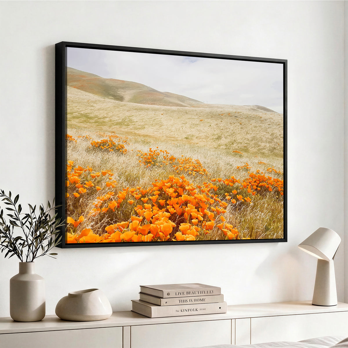 28972262-_Poster-30x20 - Golden Wildflowers Wall Art Canvas Print, Framed Hills and Poppy Meadow Scene