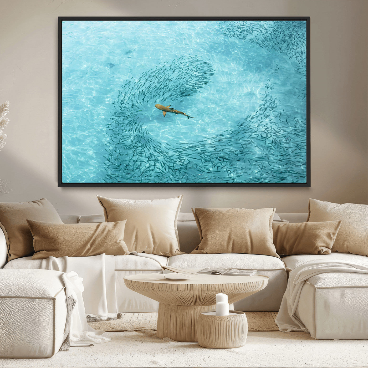 MGV-FC-36X24 - Fish Swarm Wall Art Canvas Print, Framed Marine Life Art Picture Print, Shark Aerial Perfect Wildlife Coastal Decor Artwork