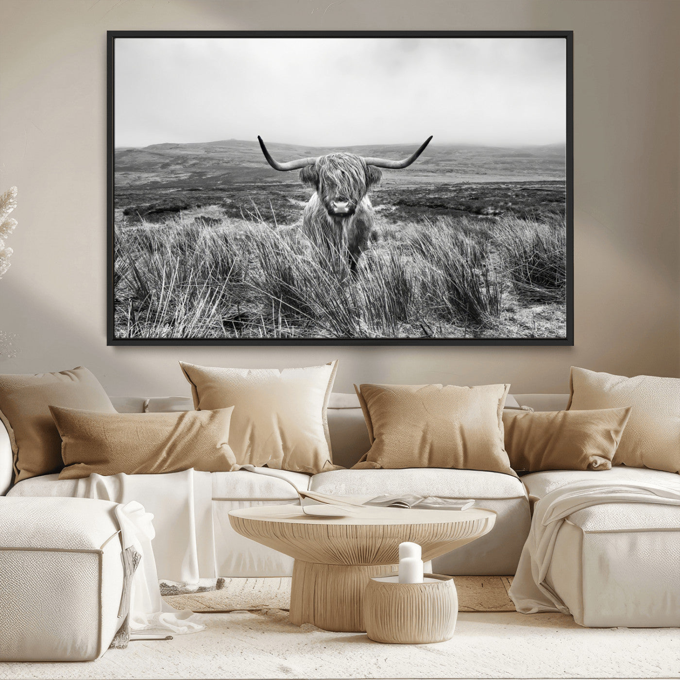 MGV-FC-36X24 - Monochrome Highland Cow Wall Art Canvas Print, Framed Scottish Bull Art Picture Print, Lone Cattle Perfect Rustic Farmhouse Decor Artwork
