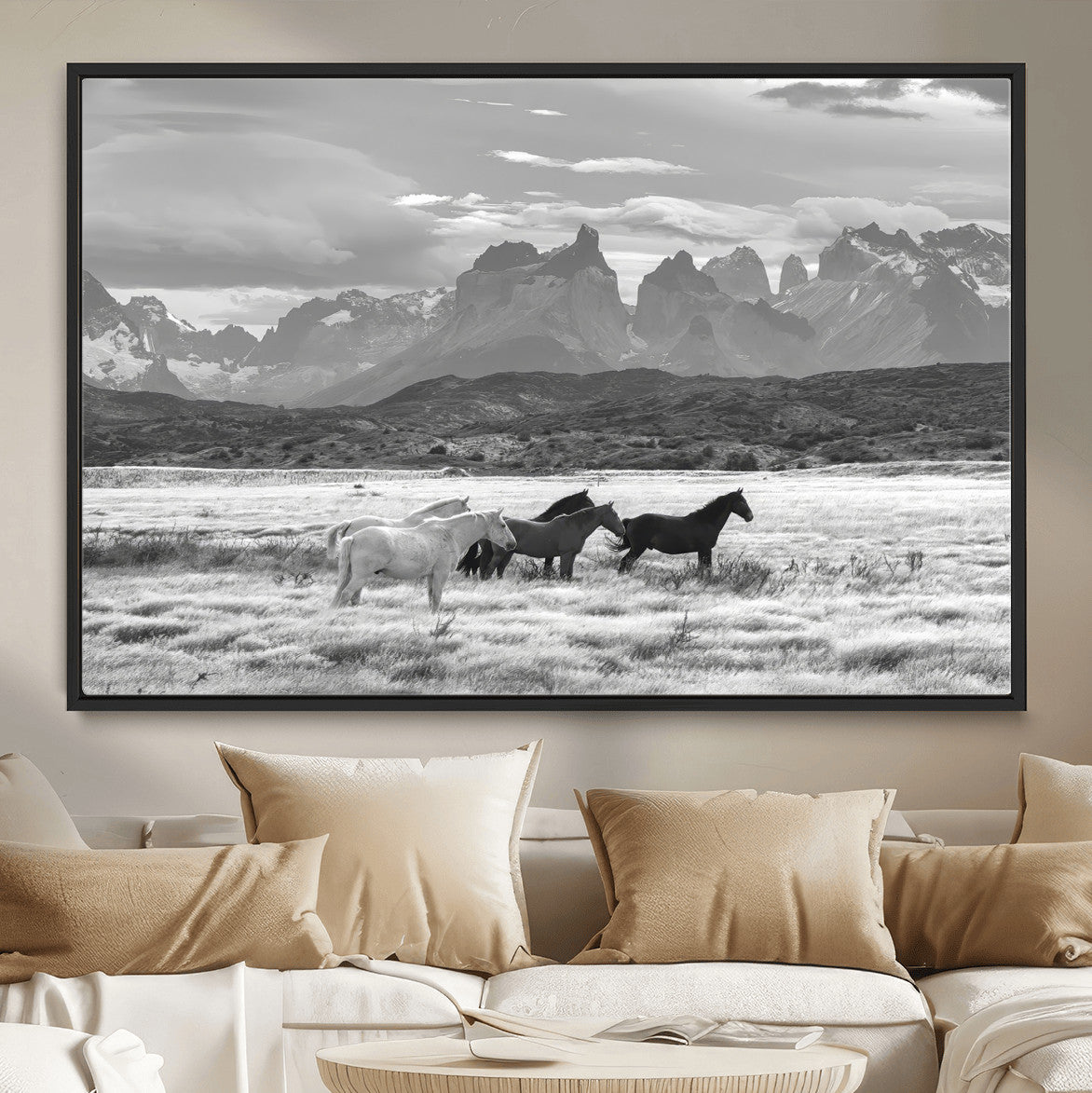 21655040-MGV-CV-36X24-Wild Horses Wall Art – Framed Black White Mountain Canvas Artwork, Rustic Countryside Design, Western Decor for Home, Office