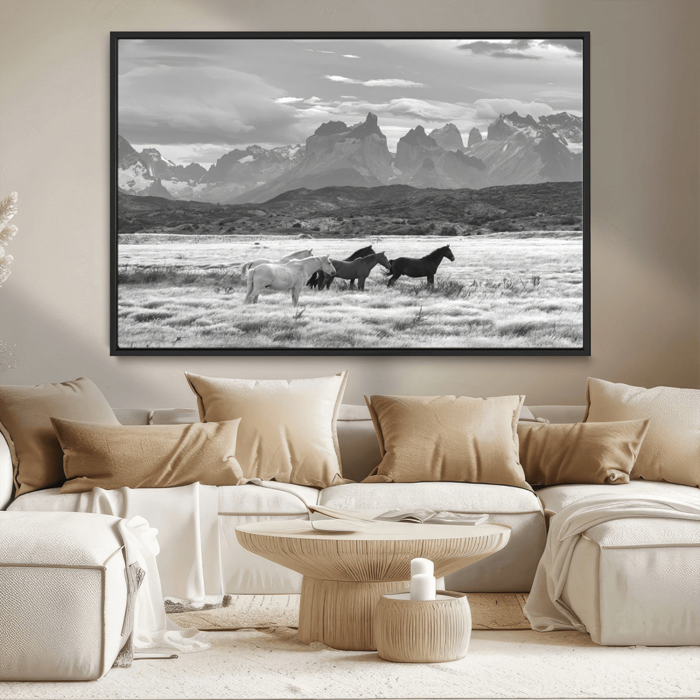 MGV-FC-36X24 - Wild Horses Wall Art Canvas Print, Framed Black White Mountains Art Picture Print, Rustic Countryside Perfect Rustic Western Decor Artwork