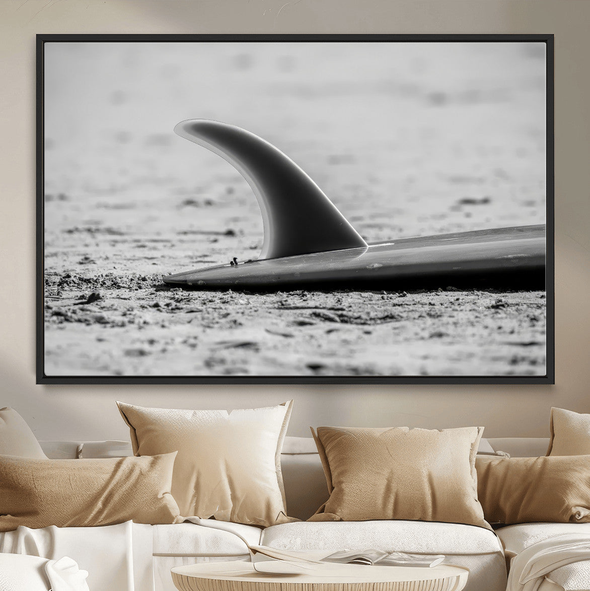 MGV-FC-36X24 - Black White Surfboard Wall Art Canvas Print, Framed Minimalist Beach Art Picture Print, Surf Fin Perfect Minimalist Coastal Decor Artwork