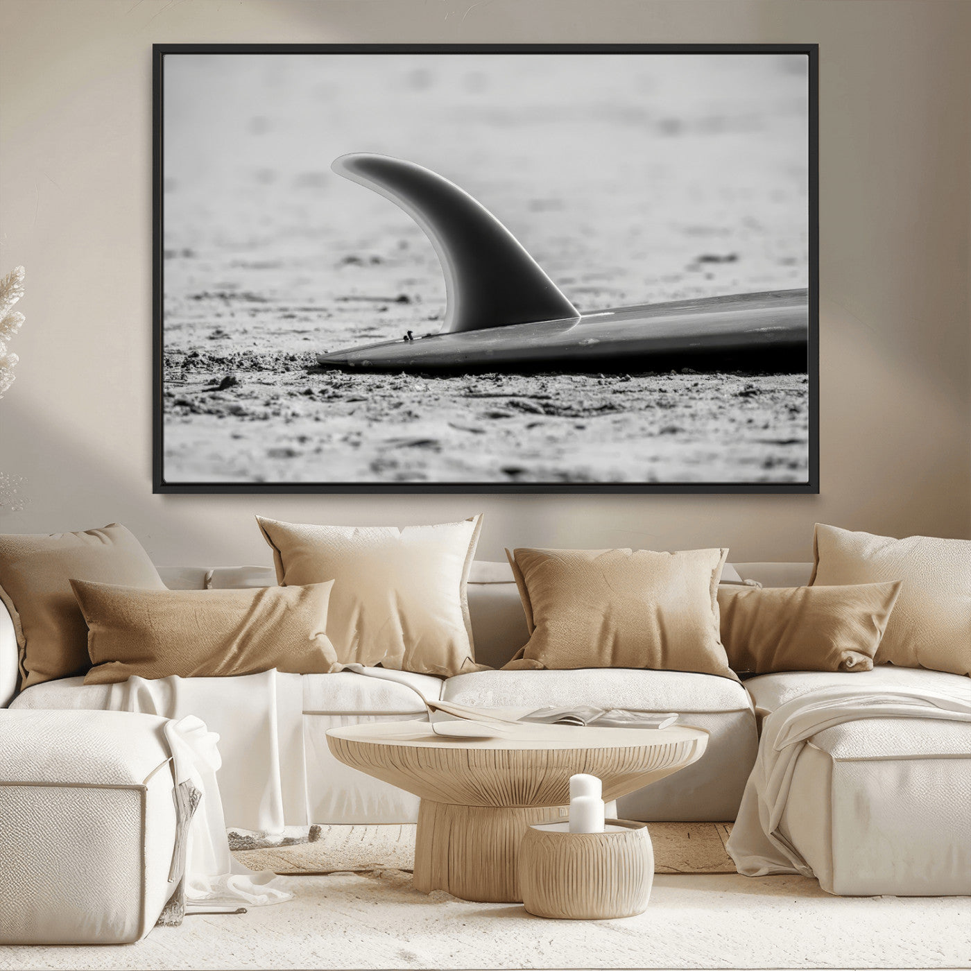 MGV-FC-36X24 - Black White Surfboard Wall Art Canvas Print, Framed Minimalist Beach Art Picture Print, Surf Fin Perfect Minimalist Coastal Decor Artwork