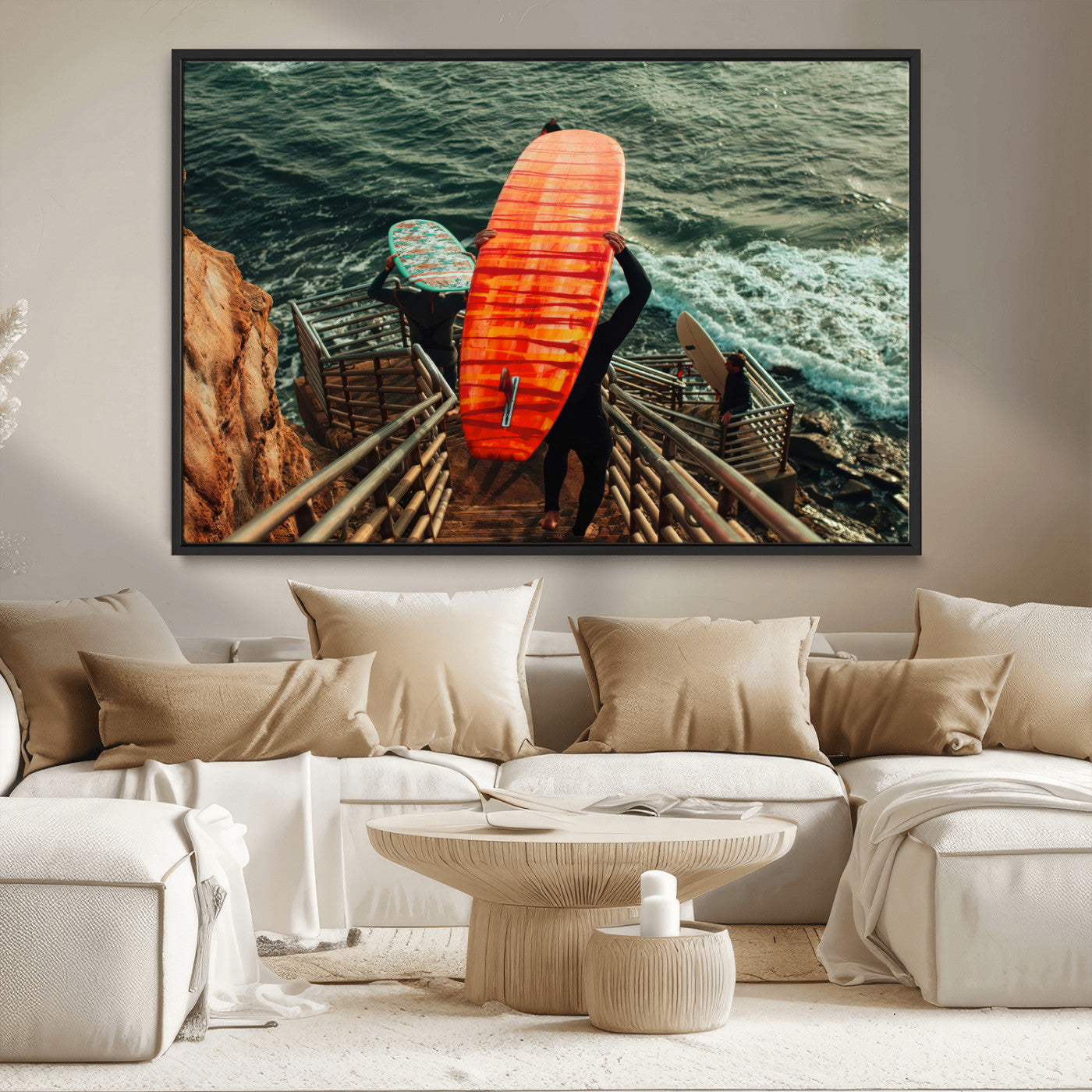 MGV-FC-36X24 - Surfer Stairway Wall Art Canvas Print, Framed Ocean Surf Art Picture Print, Sunset Coastal Perfect Coastal Adventure Decor Artwork