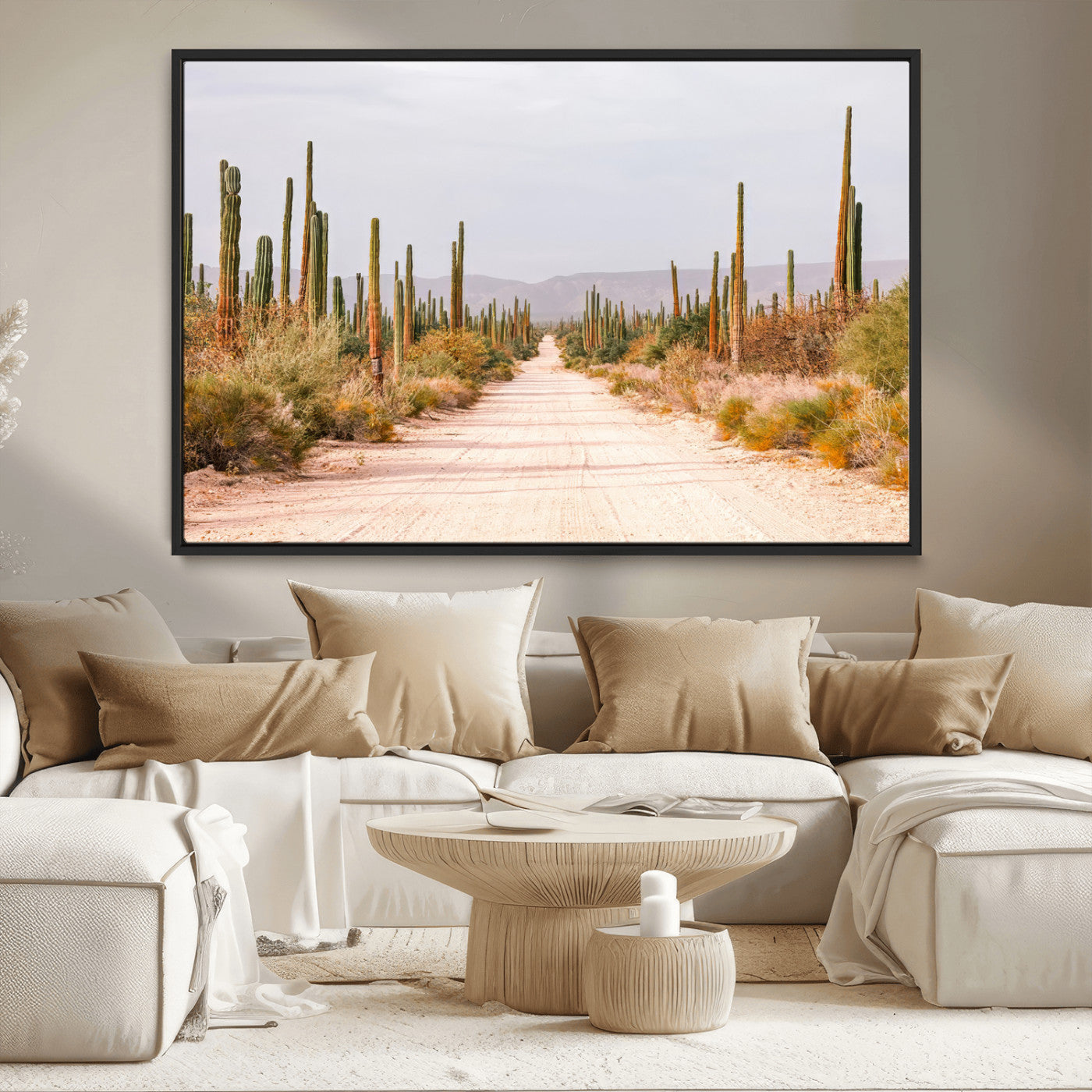 MGV-FC-36X24 - Desert Cactus Lined Road Wall Art Canvas Print, Framed Southwestern Landscape Art Picture Print, Bohemian Western Aesthetic Perfect Southwestern Boho Decor Artwork