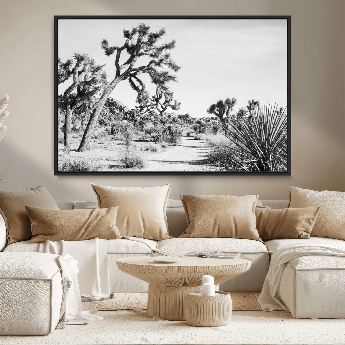 MGV-FC-36X24 - Joshua Tree Wall Art Canvas Print, Framed Desert Path Art Picture Print, Monochrome Desert Perfect Minimalist Desert Decor Artwork