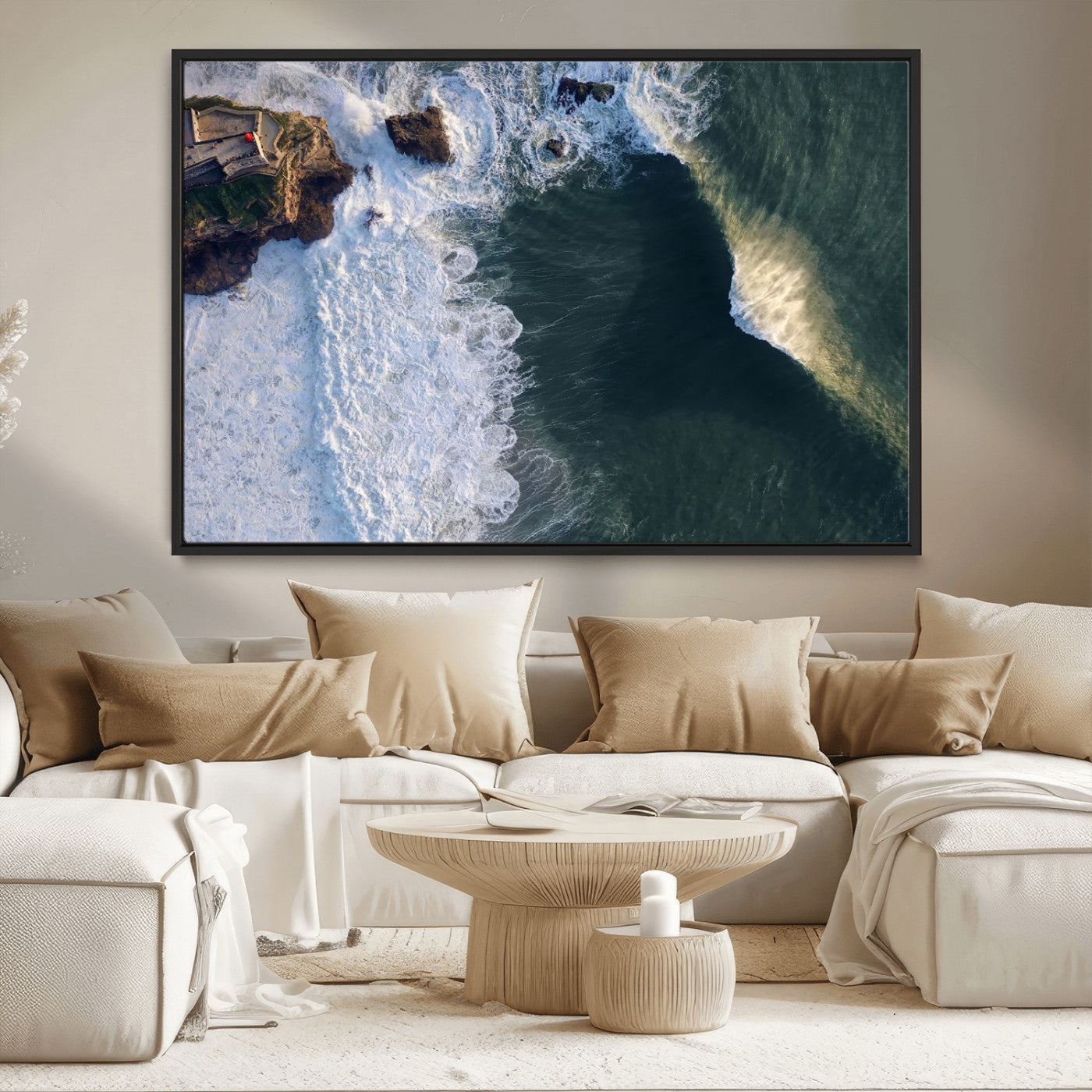 MGV-FC-36X24 - Nazaré Coast Wall Art Canvas Print, Framed Aerial Ocean Art Picture Print, Coastal Fortress Perfect Dramatic Coastal Decor Artwork