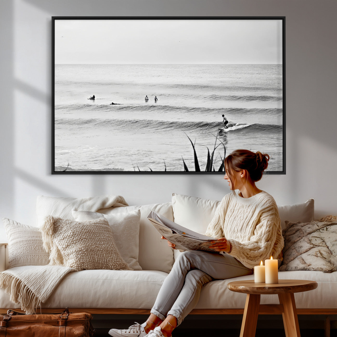 33821421-MGV-CV-36X24 - Surfer Silhouette Wall Art Canvas Print, Framed Calm Ocean Art Picture Print, Monochrome Surf Minimalist Coastal Decor Artwor