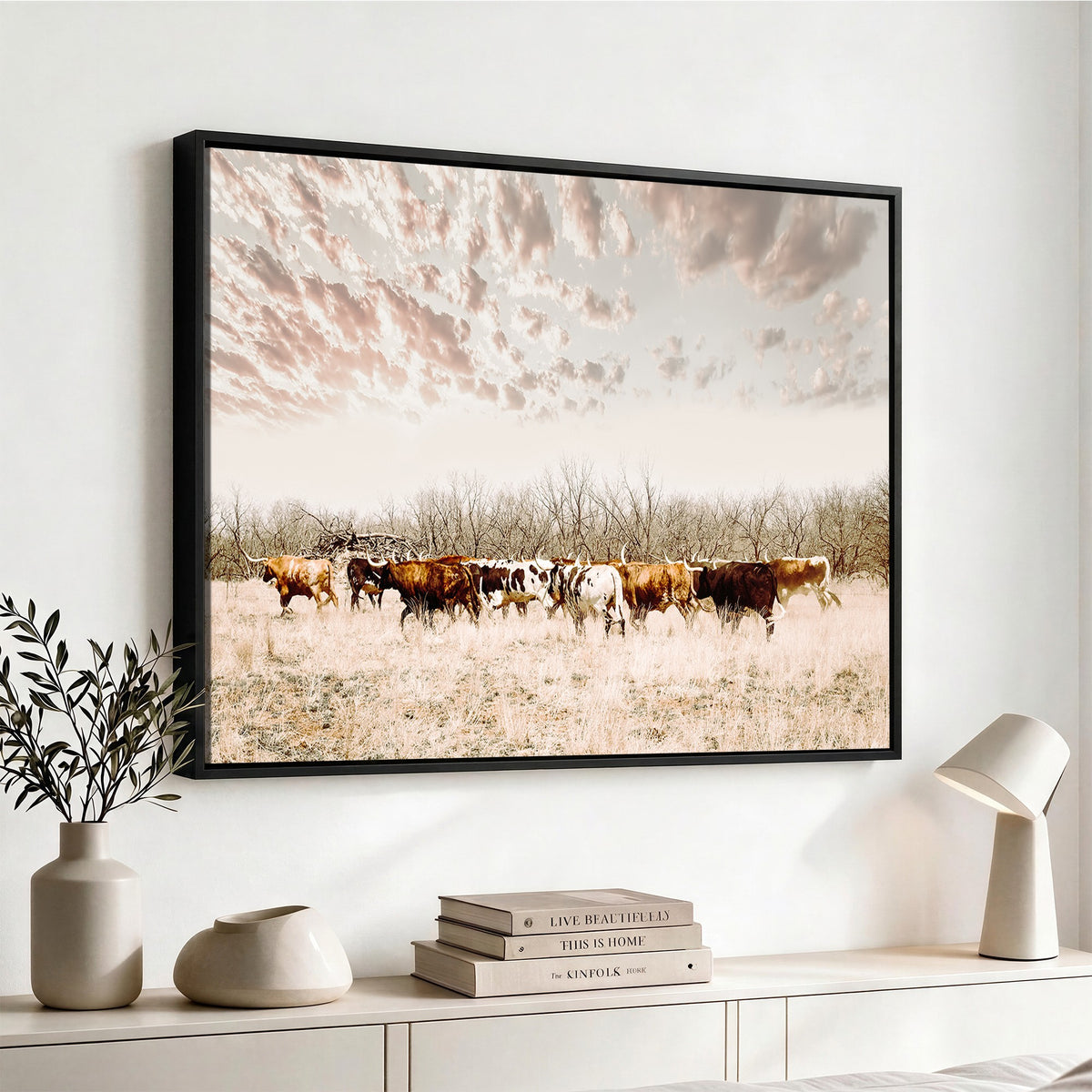 64892775-MGV-CV-24X16 - Longhorn Cattle Wall Art Canvas Print, Framed Texas Ranch Art, Western Cow Print, Prairie Landscape Decor