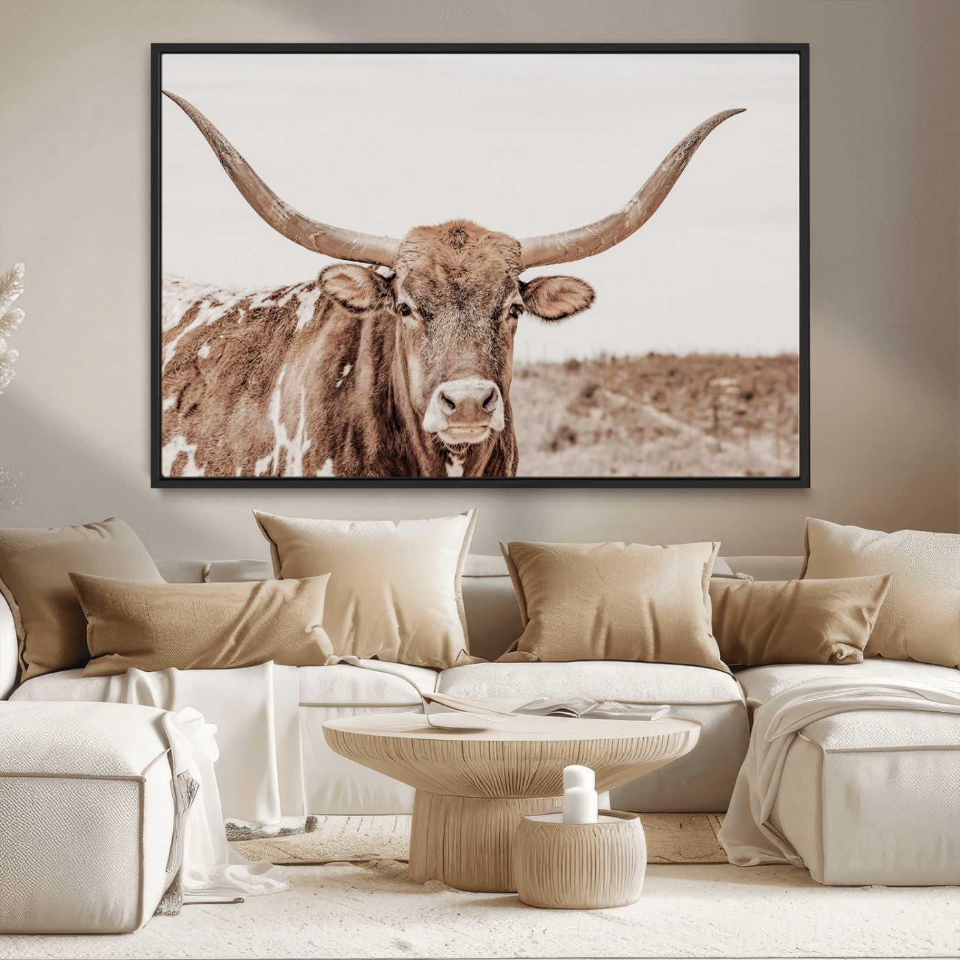 MGV-FC-36X24 - Longhorn Cow Wall Art Canvas Print, Framed Texas Ranch Art Picture Print, Western Bull Perfect County Decor Artwork