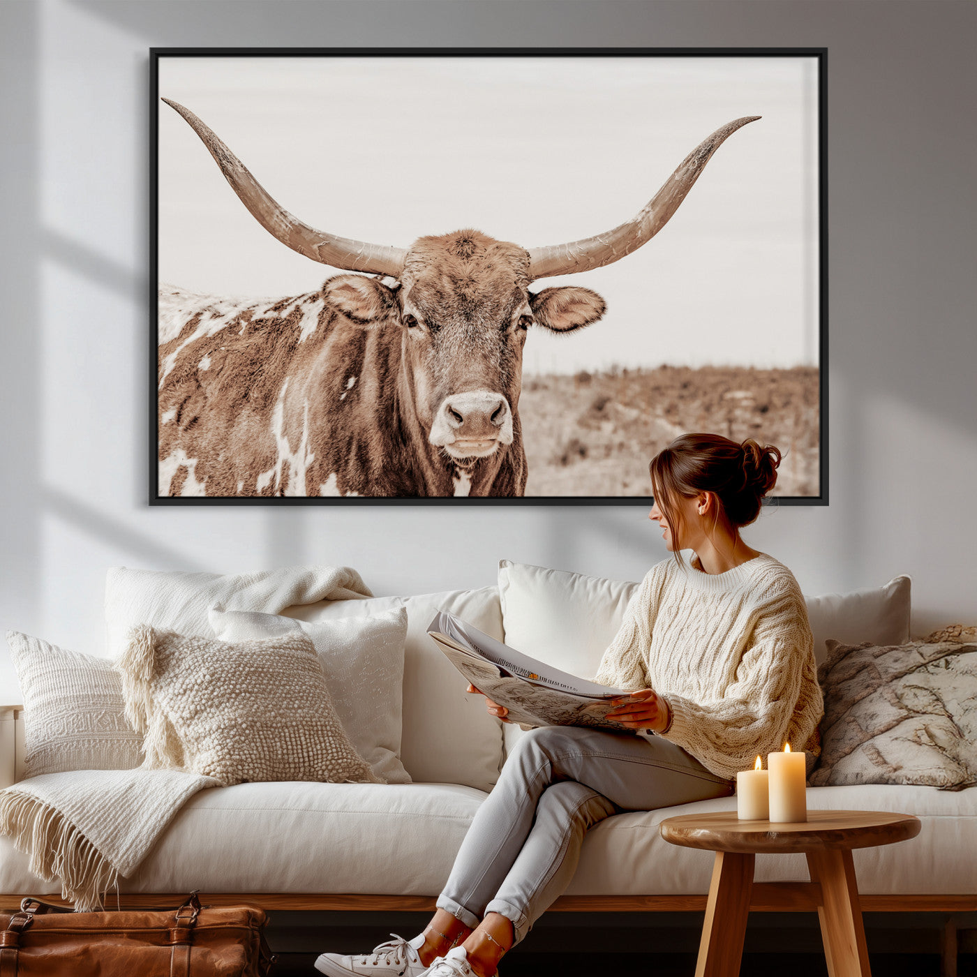 39964150-MGV-CV-36X24 - Longhorn Cow Wall Art Canvas Print, Texas Ranch Print, Framed Western Bull Art Print, Large BigHorn Cowboy Printing Perfect for County Decor