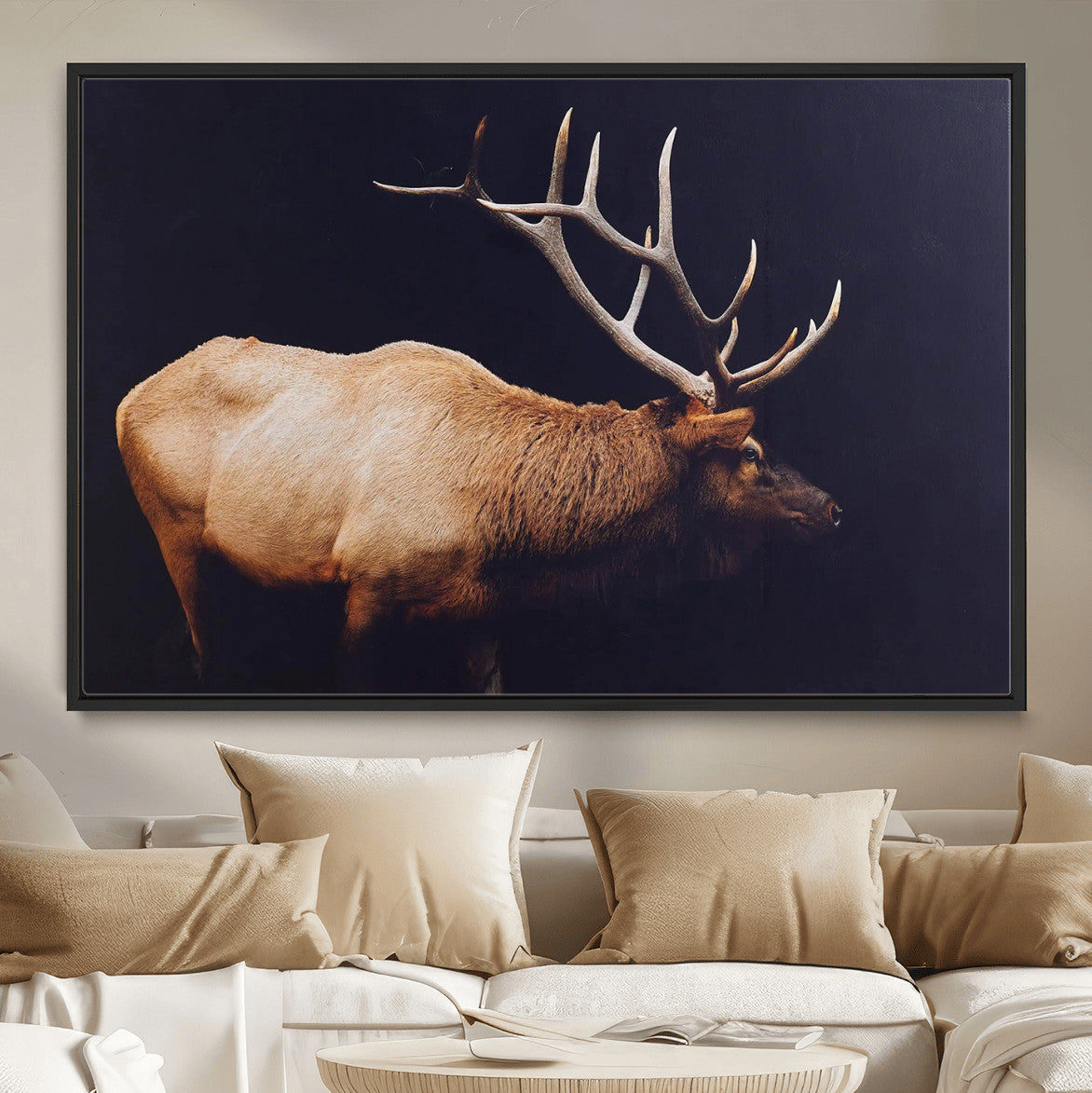 89239257-MGV-FC-36X24 - Rustic Elk Wall Art Canvas Print – Framed Moody Wildlife Art Picture Western Animal Artwork for Home, Office