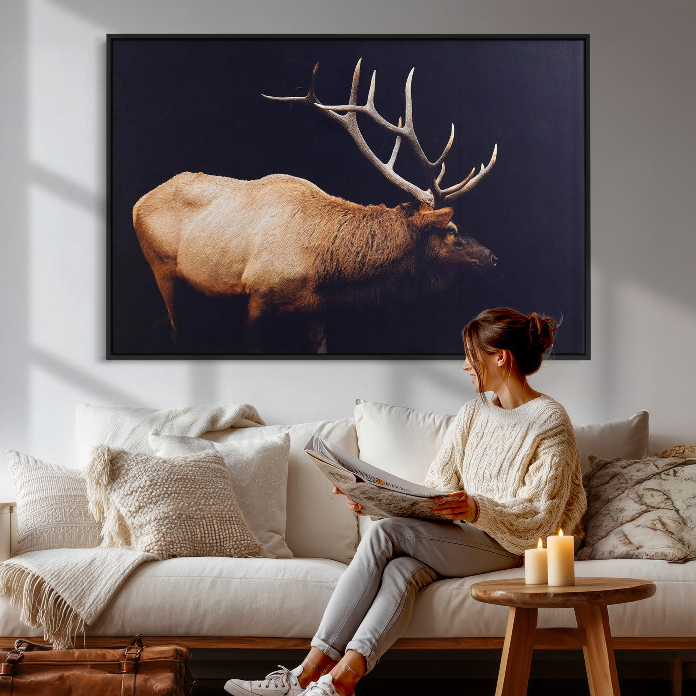 89239257-MGV-CV-36X24 - Rustic Elk Wall Art Canvas Print – Framed Moody Wildlife Art Picture Western Animal Artwork for Home, Office Decor