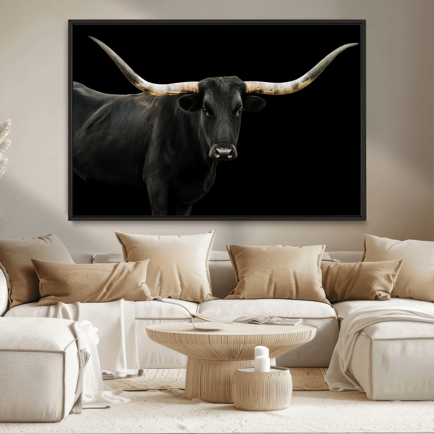 MGV-FC-36X24 - Texas Longhorn Wall Art Canvas Print, Framed Rustic Western Art Picture Print, Farmhouse Animal Perfect Modern Western Minimalist Decor Artwork