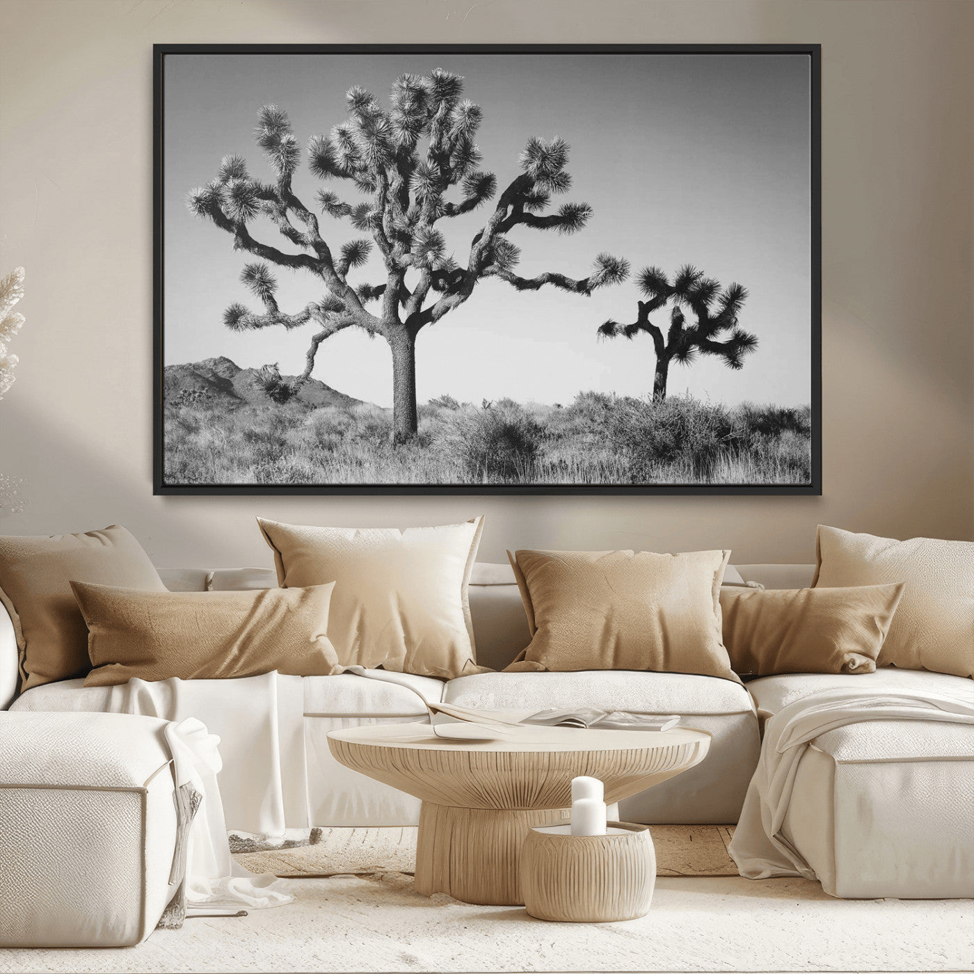 MGV-FC-36X24 - Joshua Tree Wall Art Canvas Print, Framed Monochrome Desert Art Picture Print, Minimalist Nature Scene Perfect Southwestern Minimalist Decor Artwork