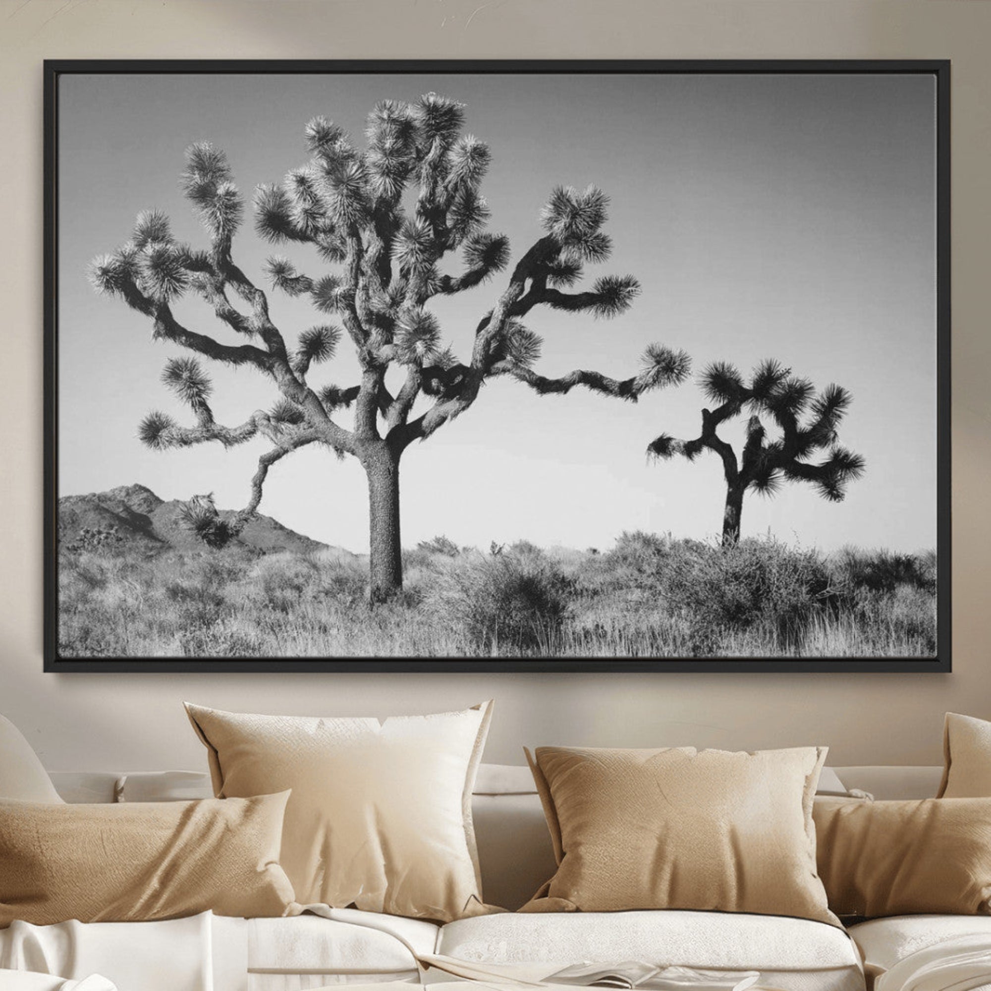 93692513-MGV-CV-36X24-Joshua Tree Wall Art Canvas Print – Framed Monochrome Desert Minimalist Nature Scene Southwestern Artwork for Home Office