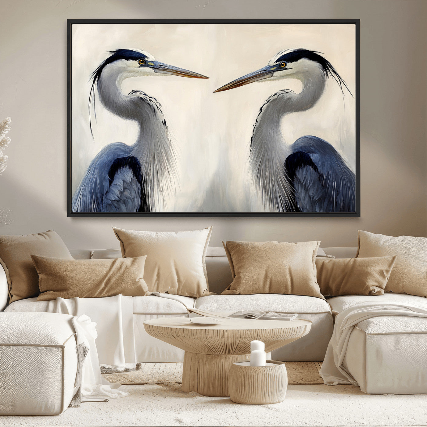 MGV-FC-36X24 - Blue Heron Pair Wall Art Canvas Print, Framed Coastal Bird Theme Art Picture Print, Tranquil Wildlife Scene Perfect Coastal Minimalist Decor Artwork