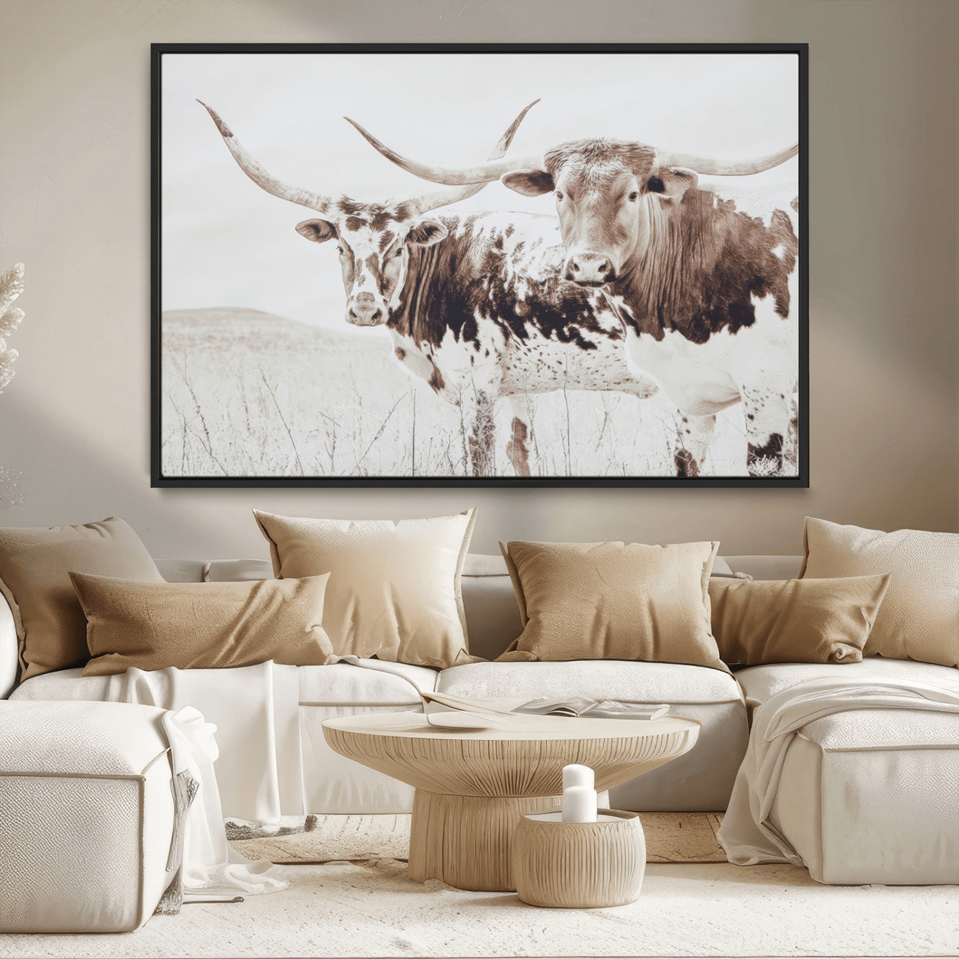 MGV-FC-36X24 - Longhorn Wall Art Wall Art Canvas Print, Framed Western Cow Canvas Art Picture Print, Rustic Farm Decor Perfect Rustic Farmhouse Decor Artwork