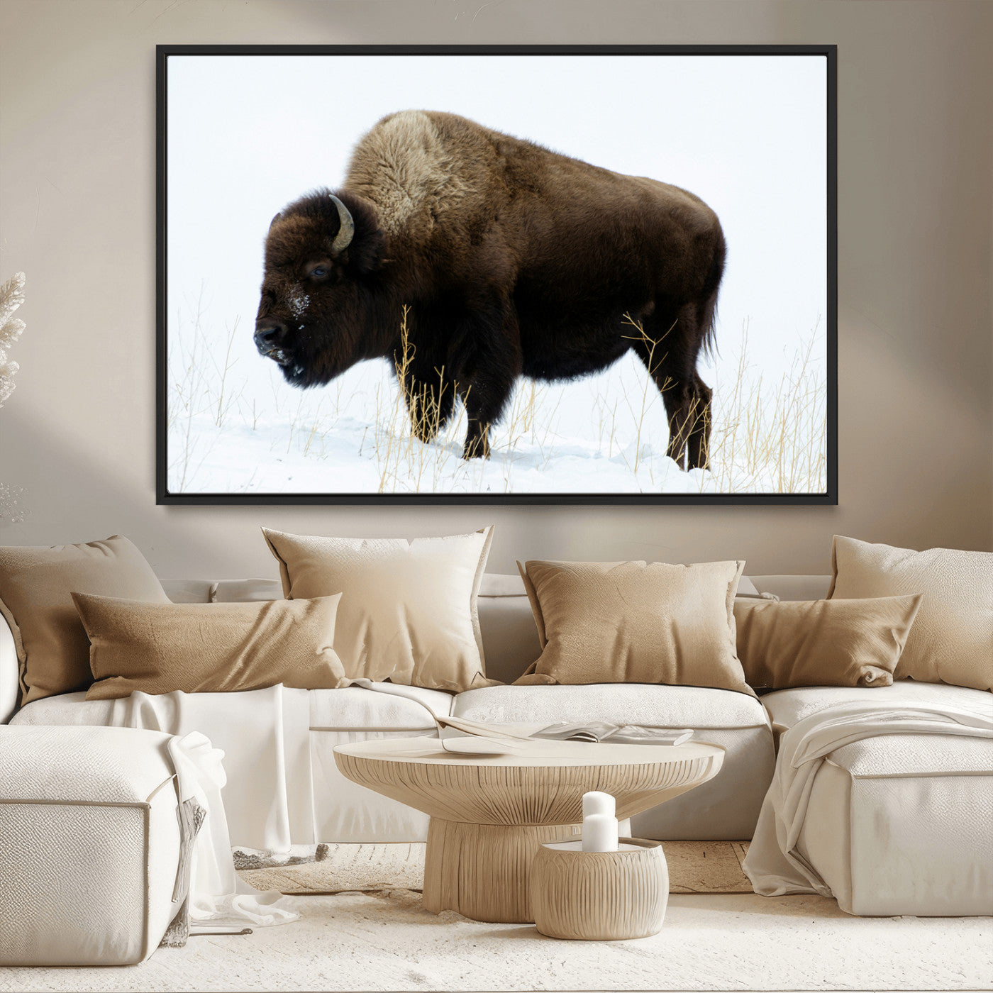 MGV-FC-36X24 - Bison Photography Wall Art Canvas Print, Framed Western Wildlife Art Picture Print, Buffalo On Snow Perfect Western Decor Artwork