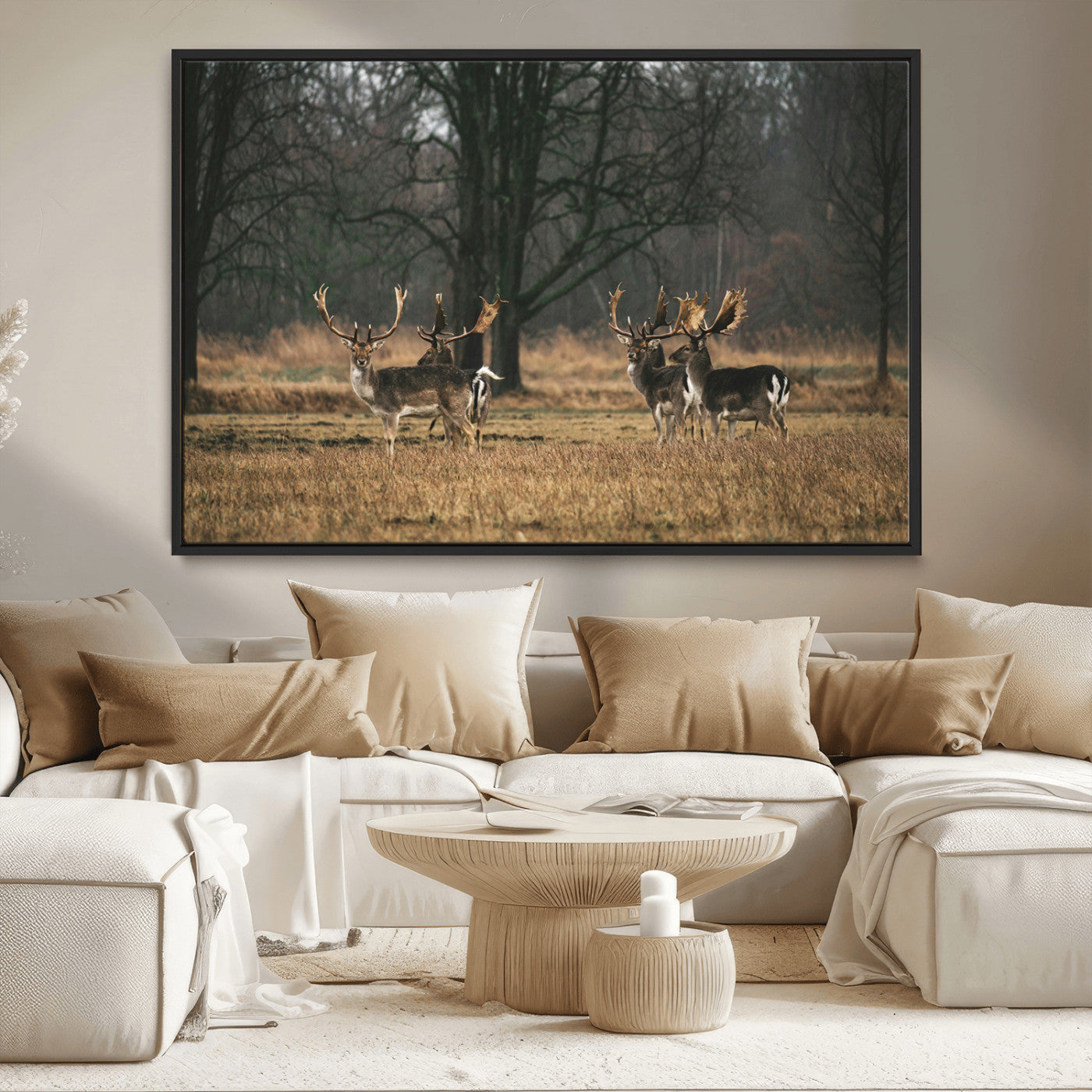 MGV-FC-36X24 - Deer Photography Wall Art Canvas Print, Framed Rustic Wildlife Art Picture Print, Stags In Forest Perfect Rustic Wilderness Decor Artwork
