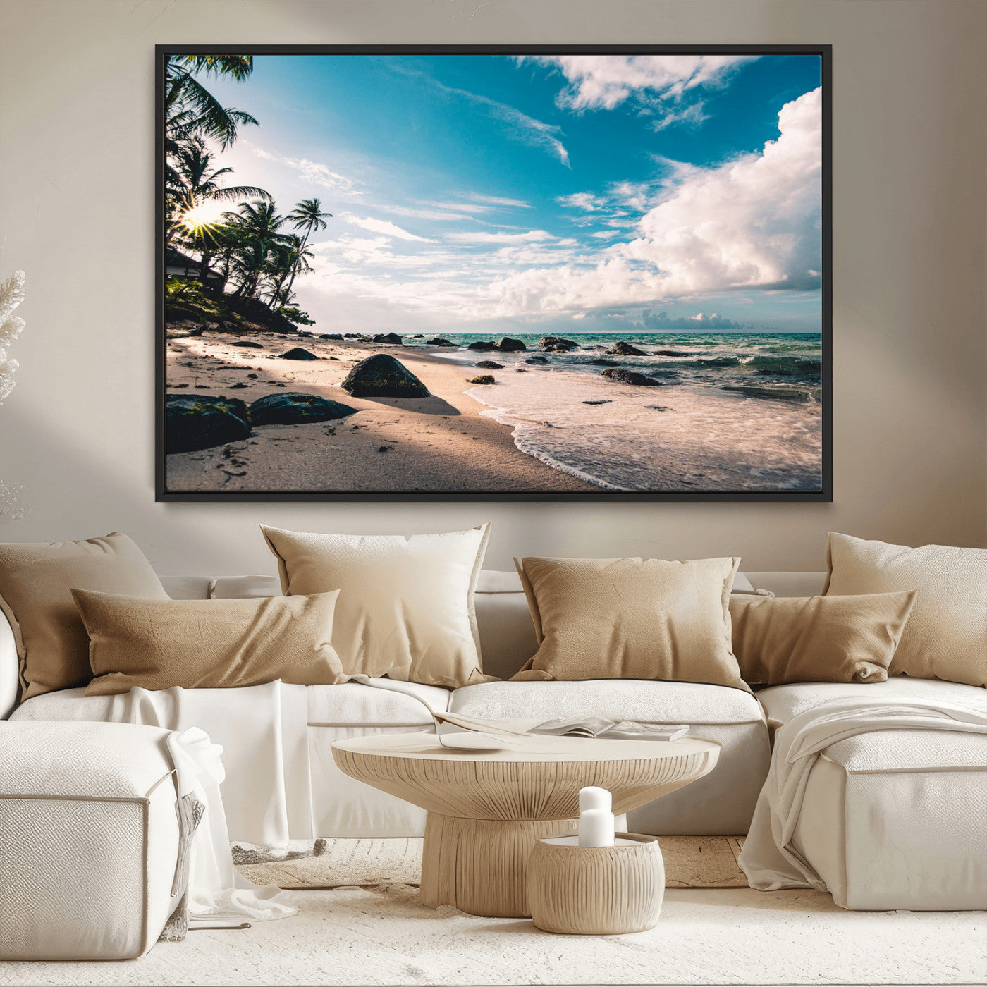MGV-FC-36X24 - Tropical Beach Wall Art Canvas Print, Framed Ocean Waves Art Picture Print, Relazxing Seascape Perfect Tropical Coastal Decor Artwork