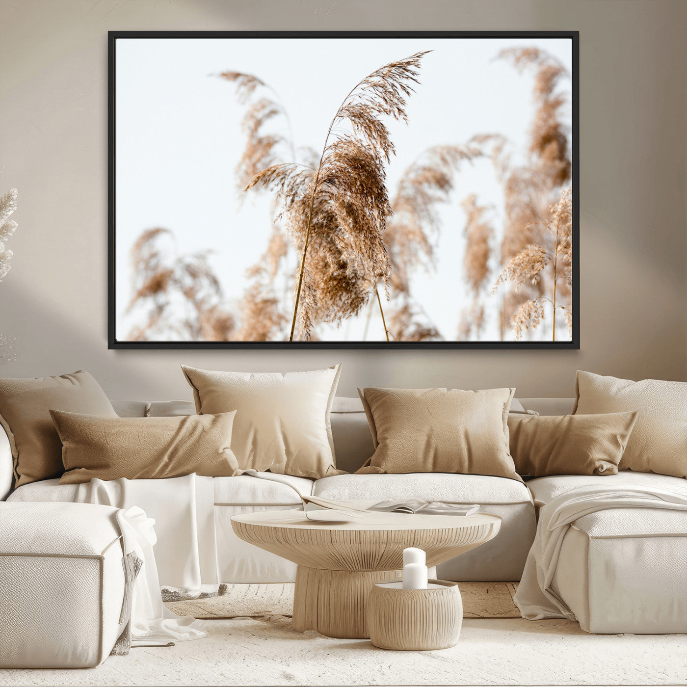 MGV-FC-36X24 - Pampas Grass Wall Art Canvas Print, Framed Neutral Tones Art Picture Print, Minimalist Nature Perfect Boho Decor Artwork