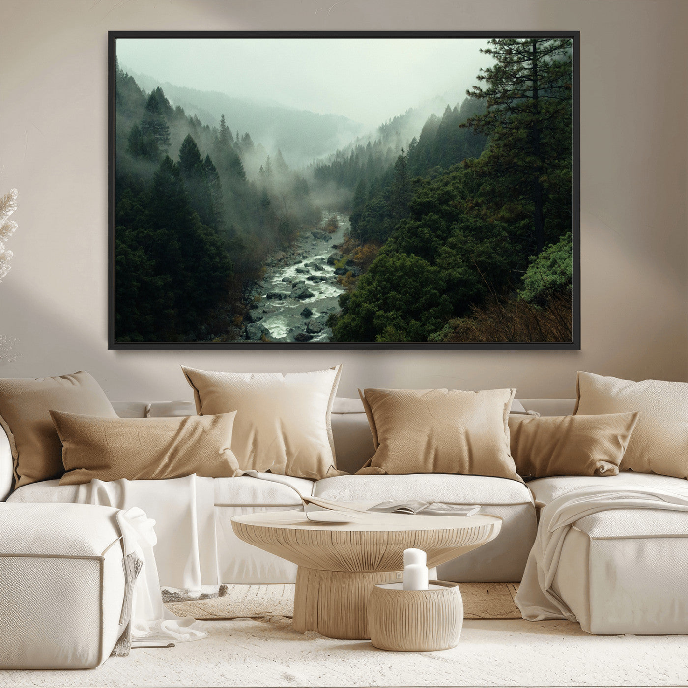 MGV-FC-36X24 - Misty Forest Wall Art Canvas Print, Framed Foggy River Art Picture Print, Moody Landscape Perfect Wilderness Decor Artwork
