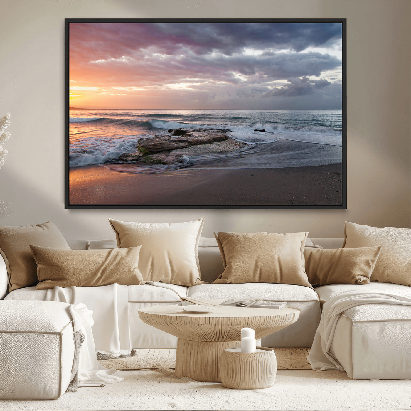 MGV-FC-36X24 - Golden Hour Wall Art Canvas Print, Framed Tranquil Waves Art Picture Print, Beach Perfect Coastal Serenity Decor Artwork