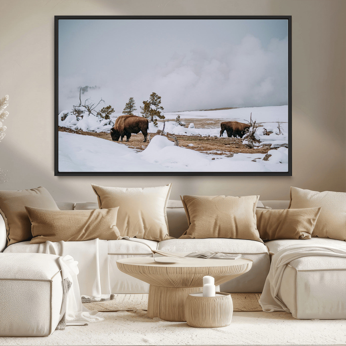 MGV-FC-36X24 - Bison Wildlife Wall Art Canvas Print, Framed Snowy Prairie Art Picture Print, Western Perfect Rustic Decor Artwork
