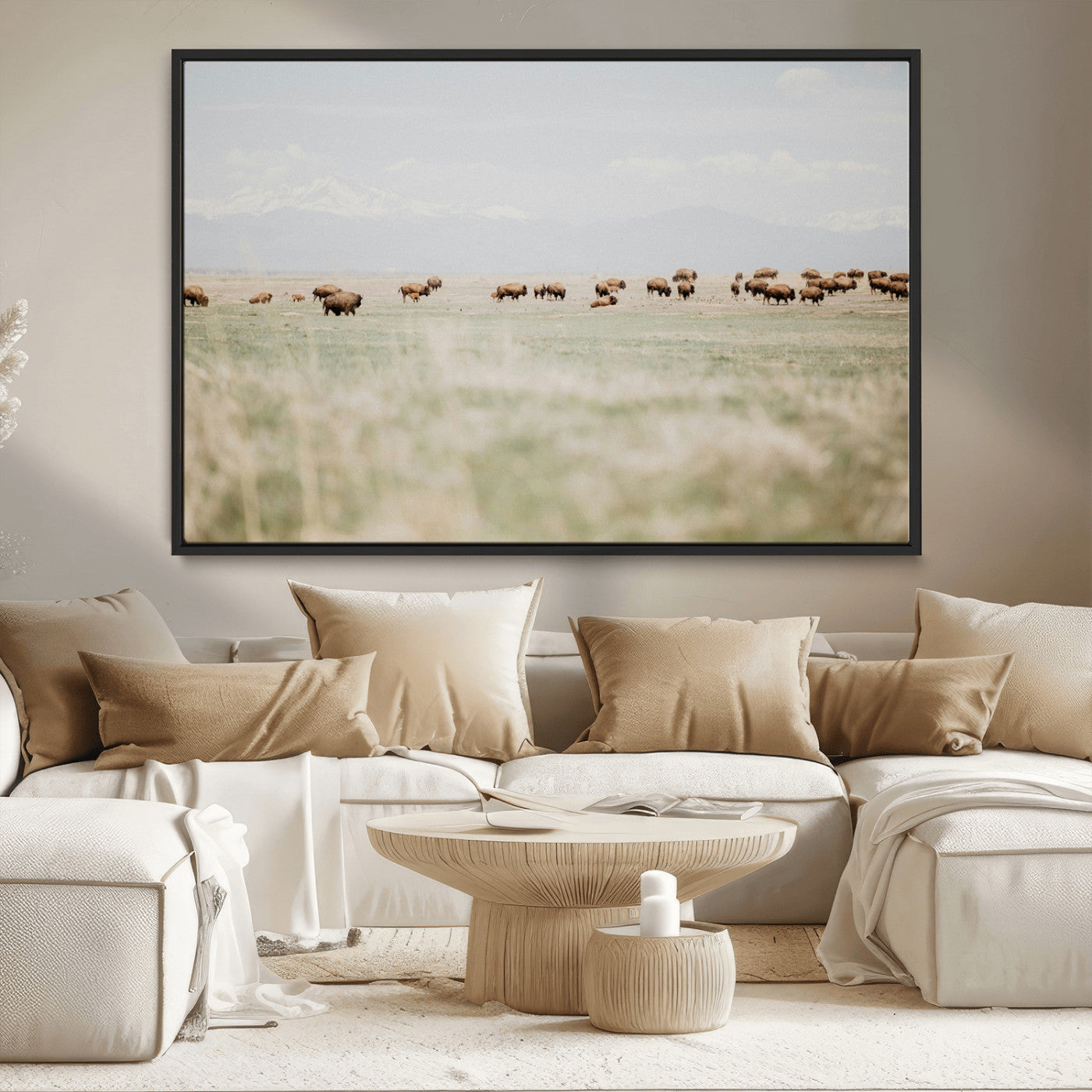 MGV-FC-36X24 - Bison Herd Wall Art Canvas Print, Framed Western Art Picture Print, Bison Perfect Ranch Decor Artwork