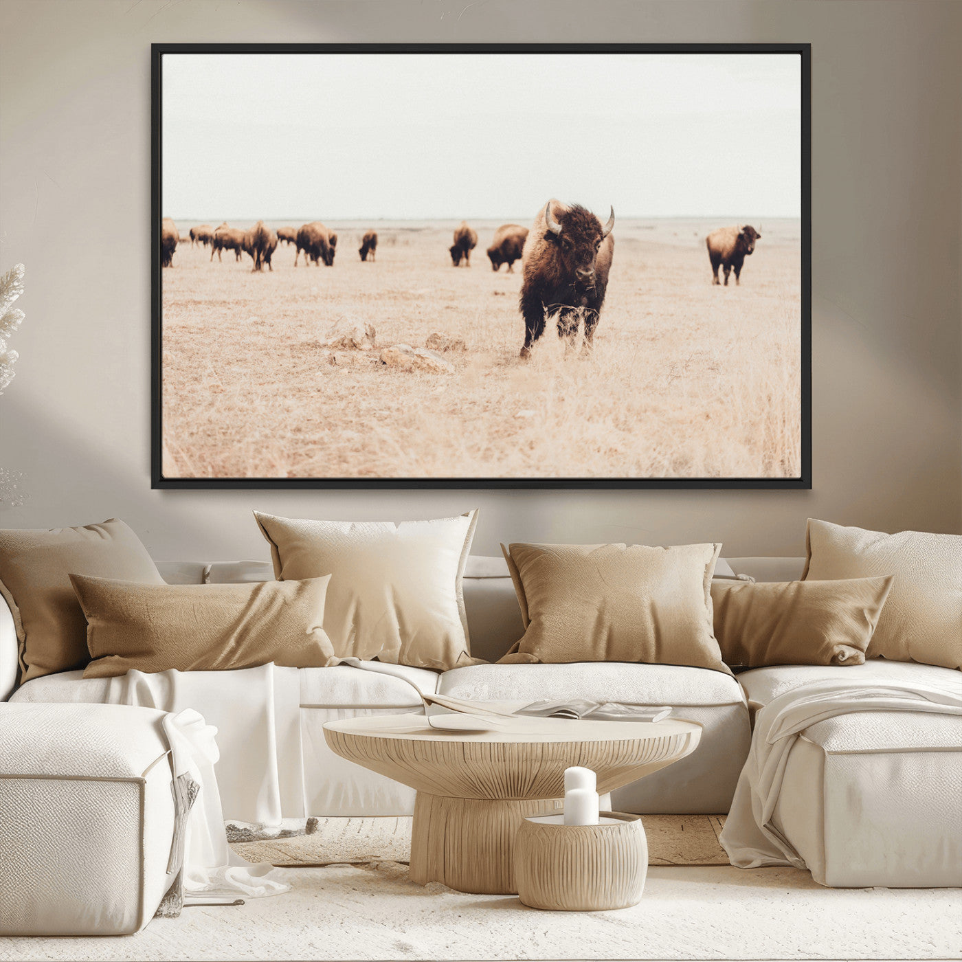 MGV-FC-36X24 - Bison Herd Wall Art Canvas Print, Framed Western Art Picture Print, Prairie Serenity Perfect Ranch Decor Artwork